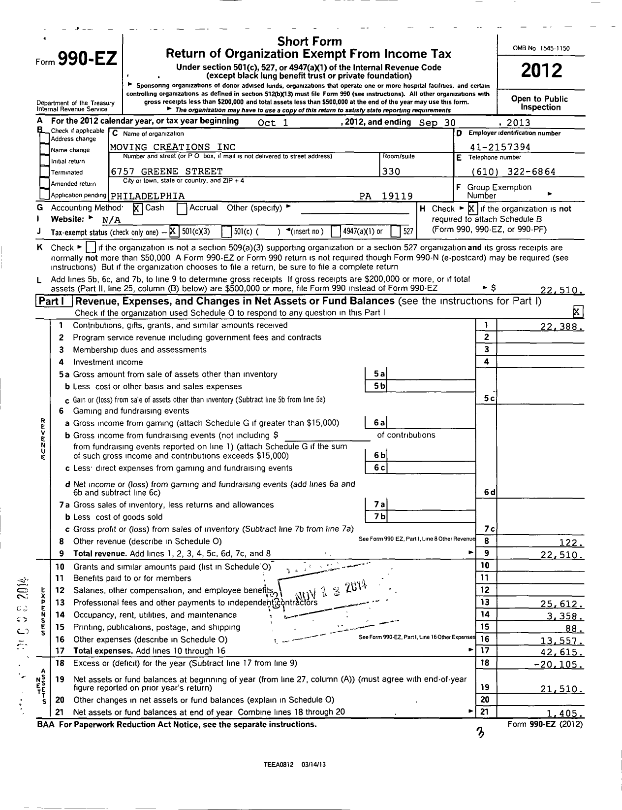 Image of first page of 2012 Form 990EZ for Moving Creations