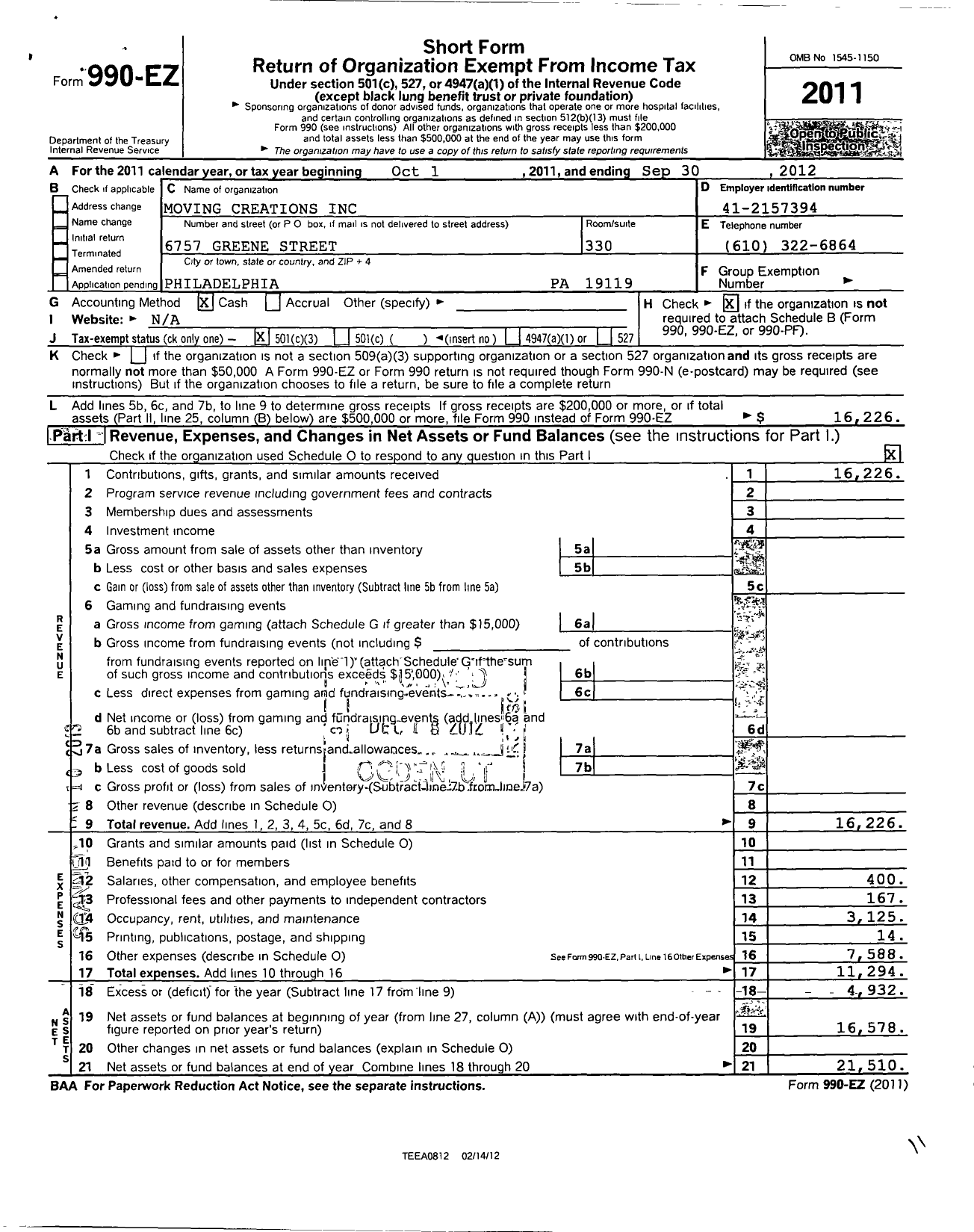 Image of first page of 2011 Form 990EZ for Moving Creations