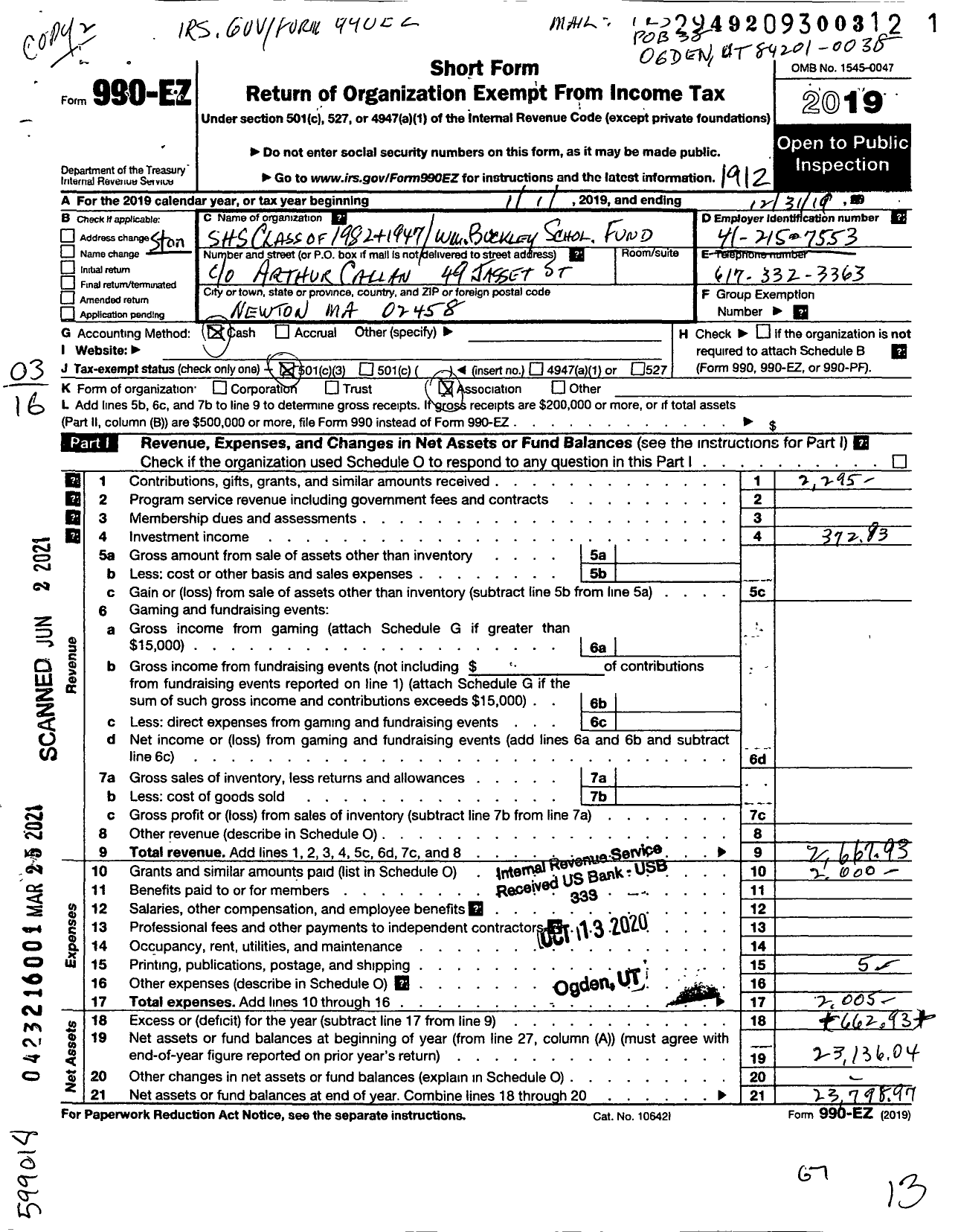 Image of first page of 2019 Form 990EZ for Stoneham High School SHS Class of 1947 WM Buckley Scholarship Fund