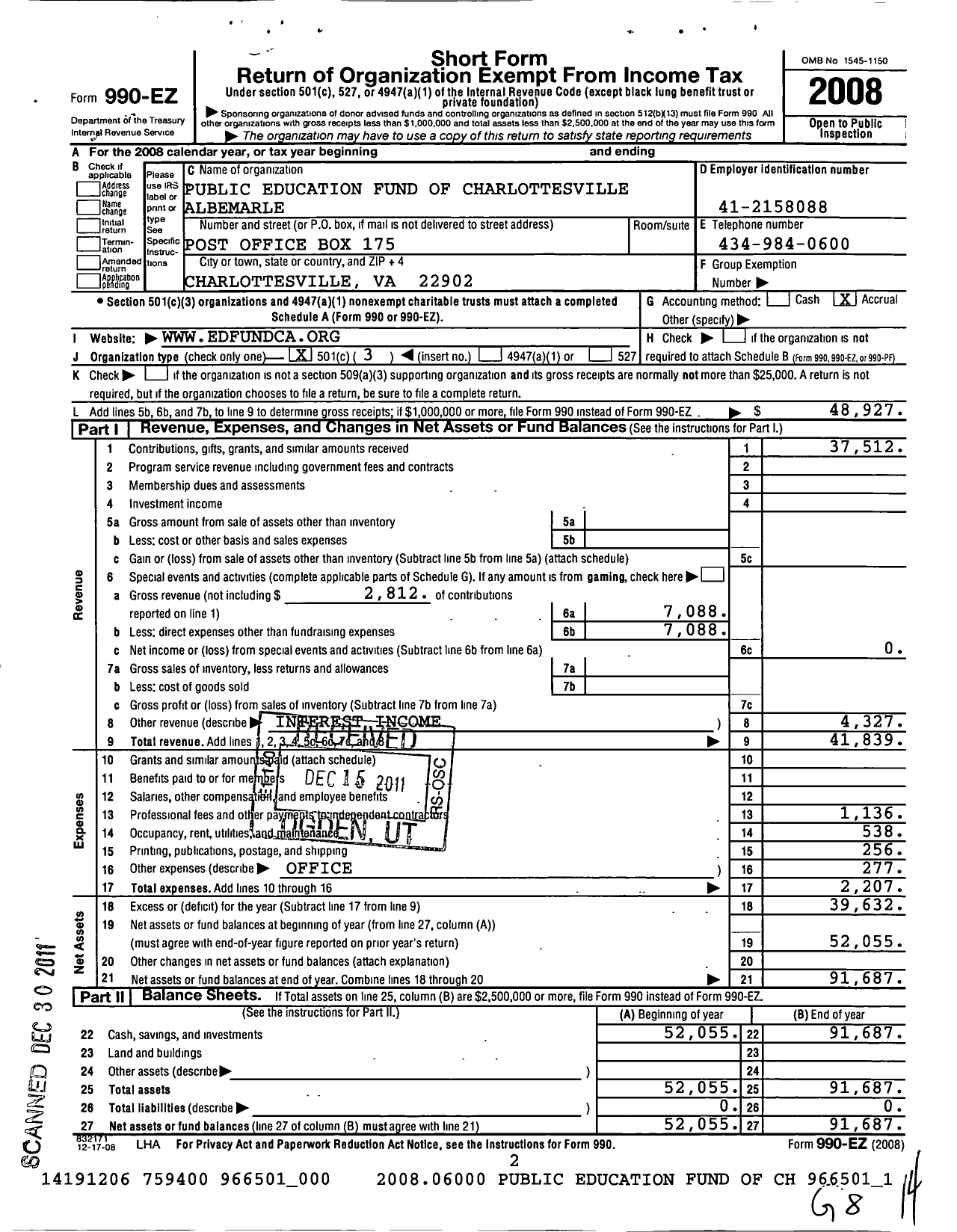 Image of first page of 2008 Form 990EZ for Public Education Fund of Charlottesville-Albemarle