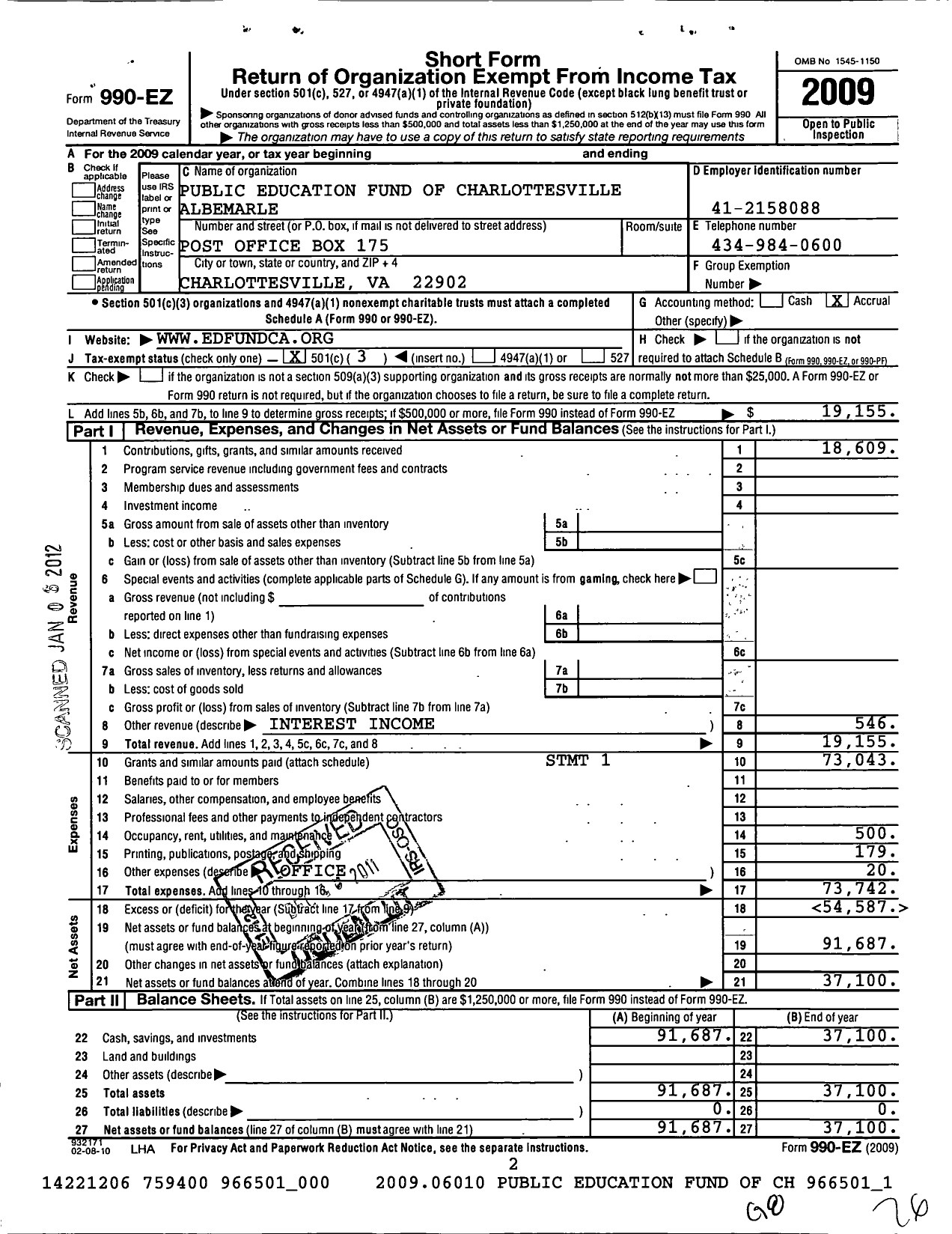 Image of first page of 2009 Form 990EZ for Public Education Fund of Charlottesville-Albemarle