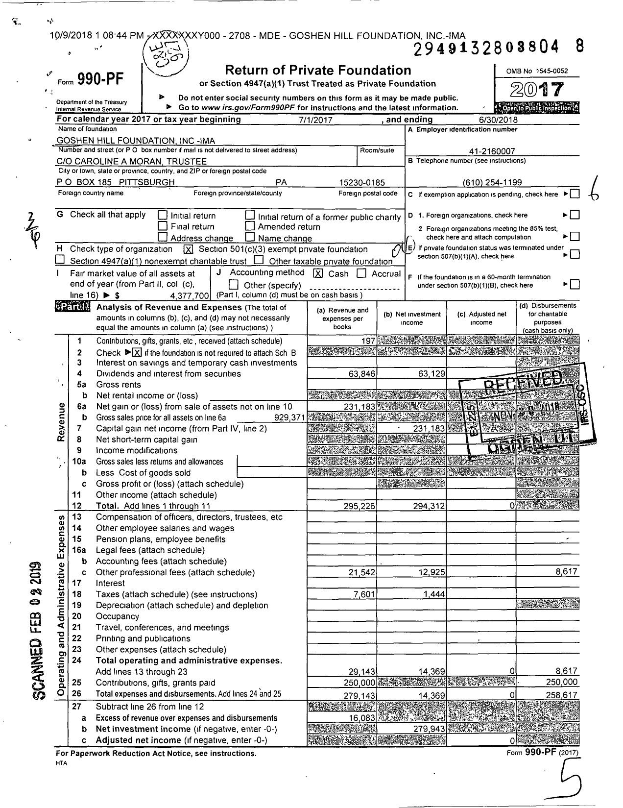 Image of first page of 2017 Form 990PF for Goshen Hill Foundation Inc-Ima