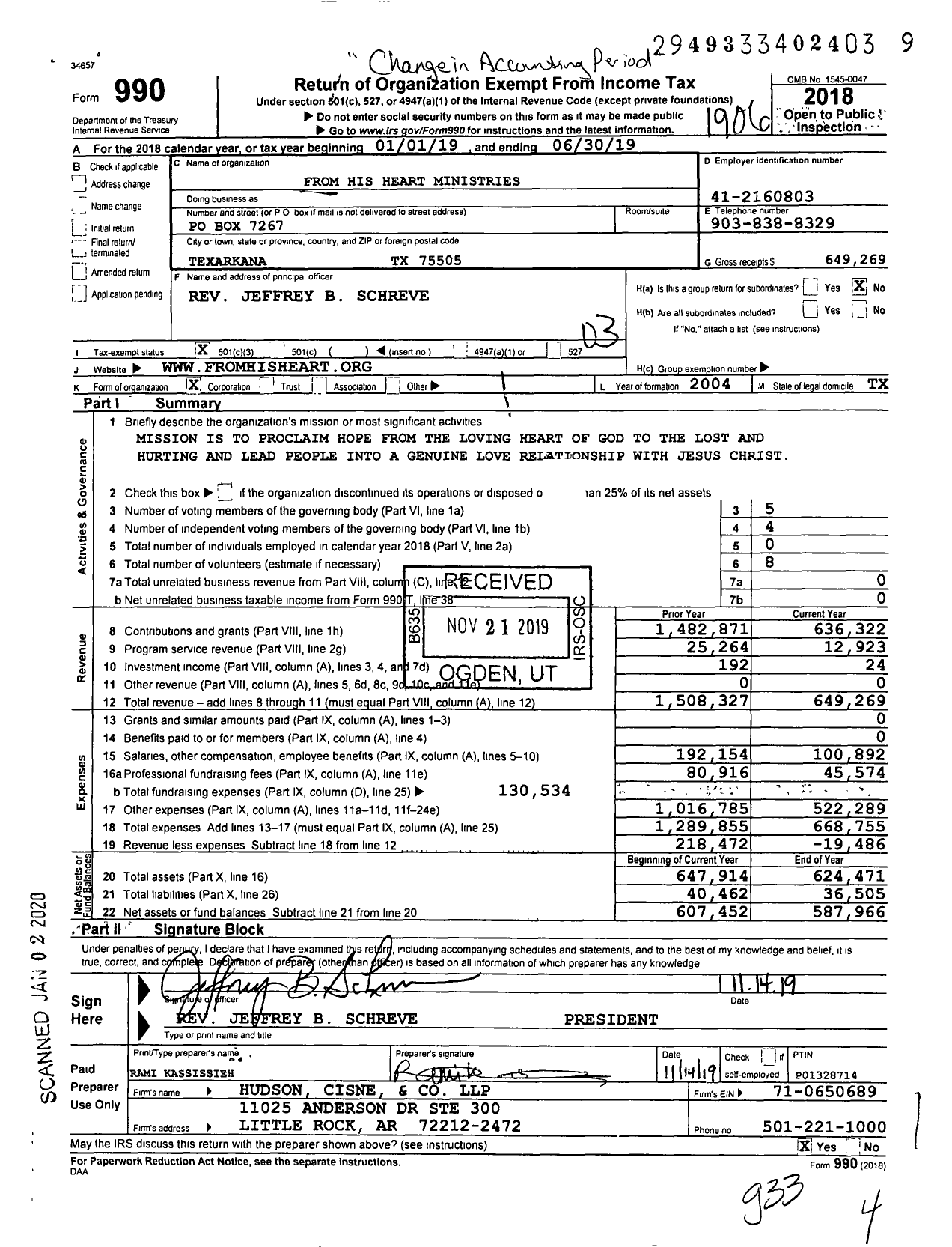 Image of first page of 2018 Form 990 for From His Heart Ministries