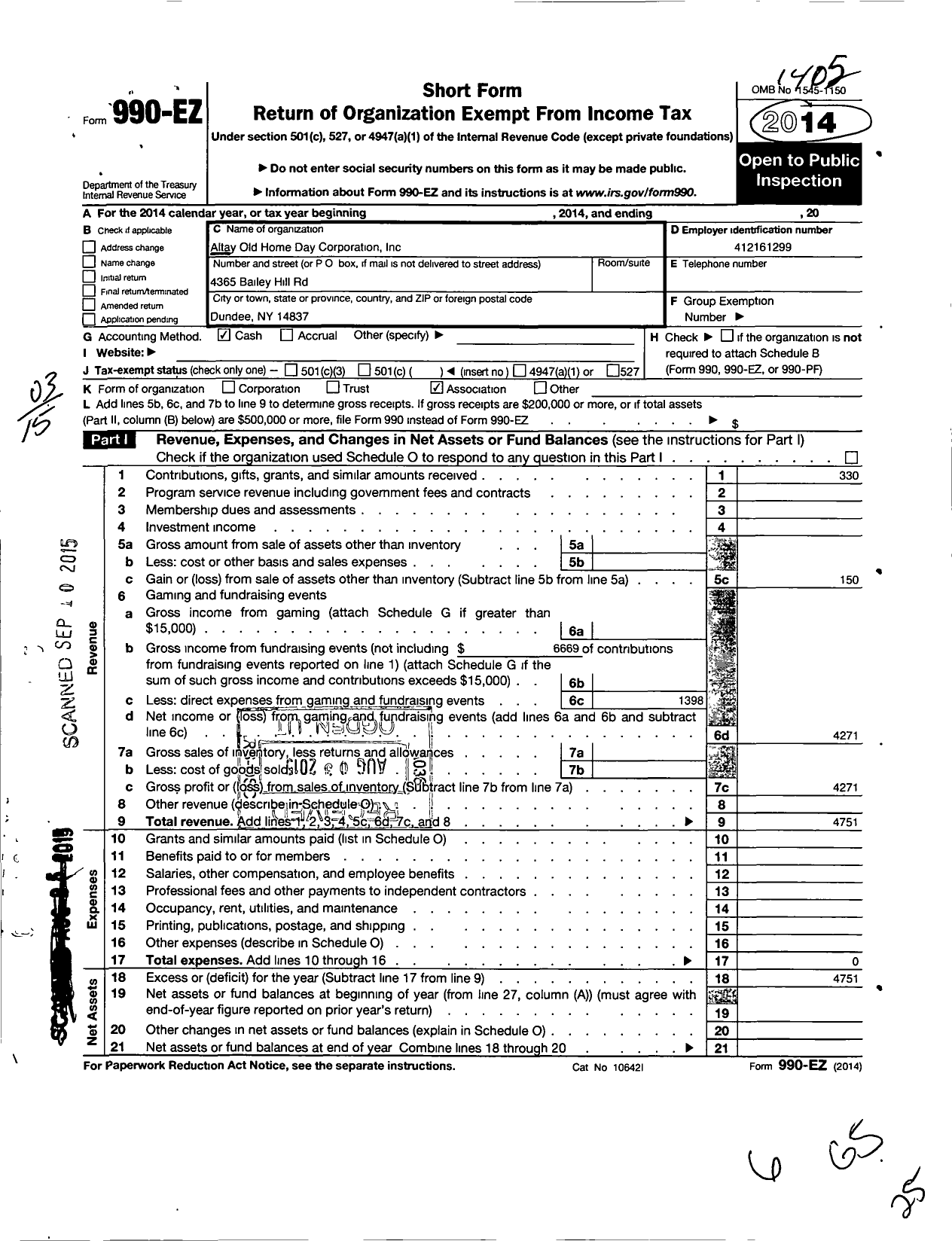 Image of first page of 2013 Form 990EO for Altay Old Home Day Association