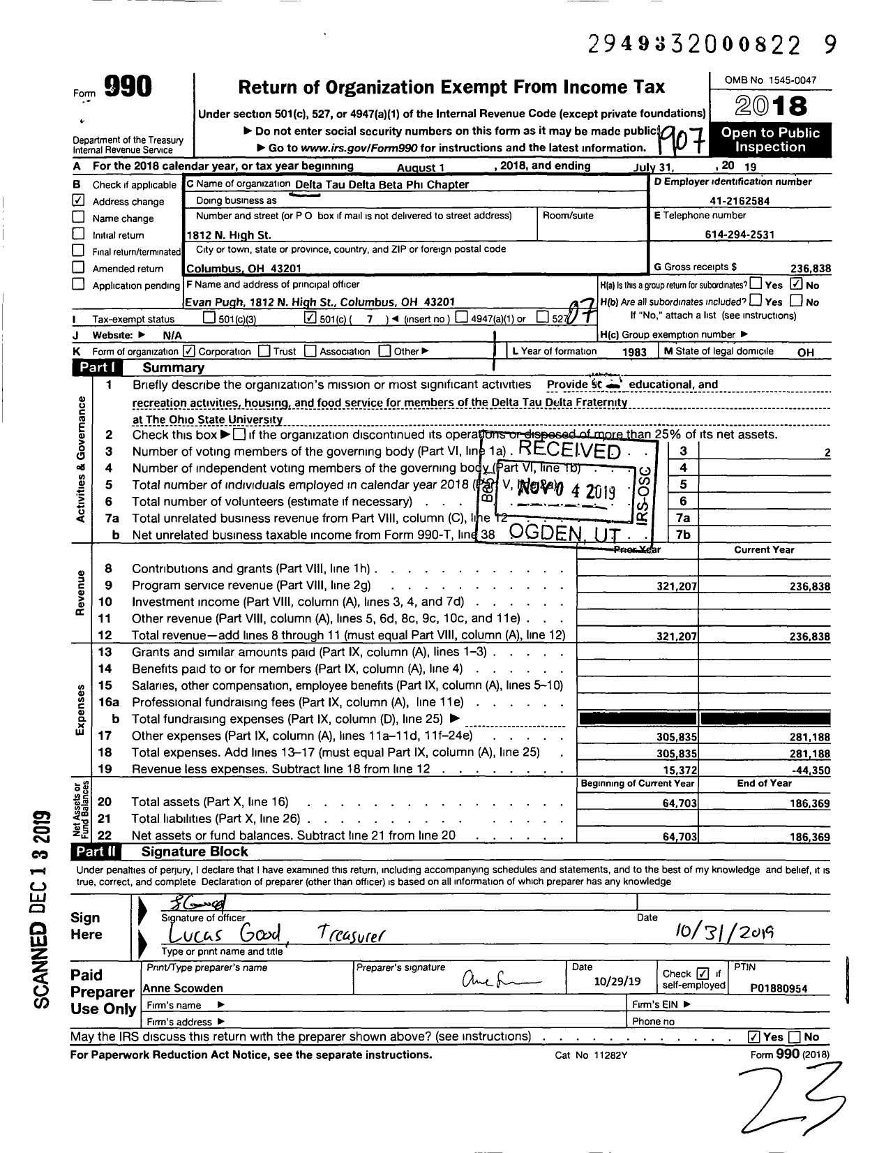 Image of first page of 2018 Form 990O for Delta Tau Delta Fraternity - Beta Phi Chapter