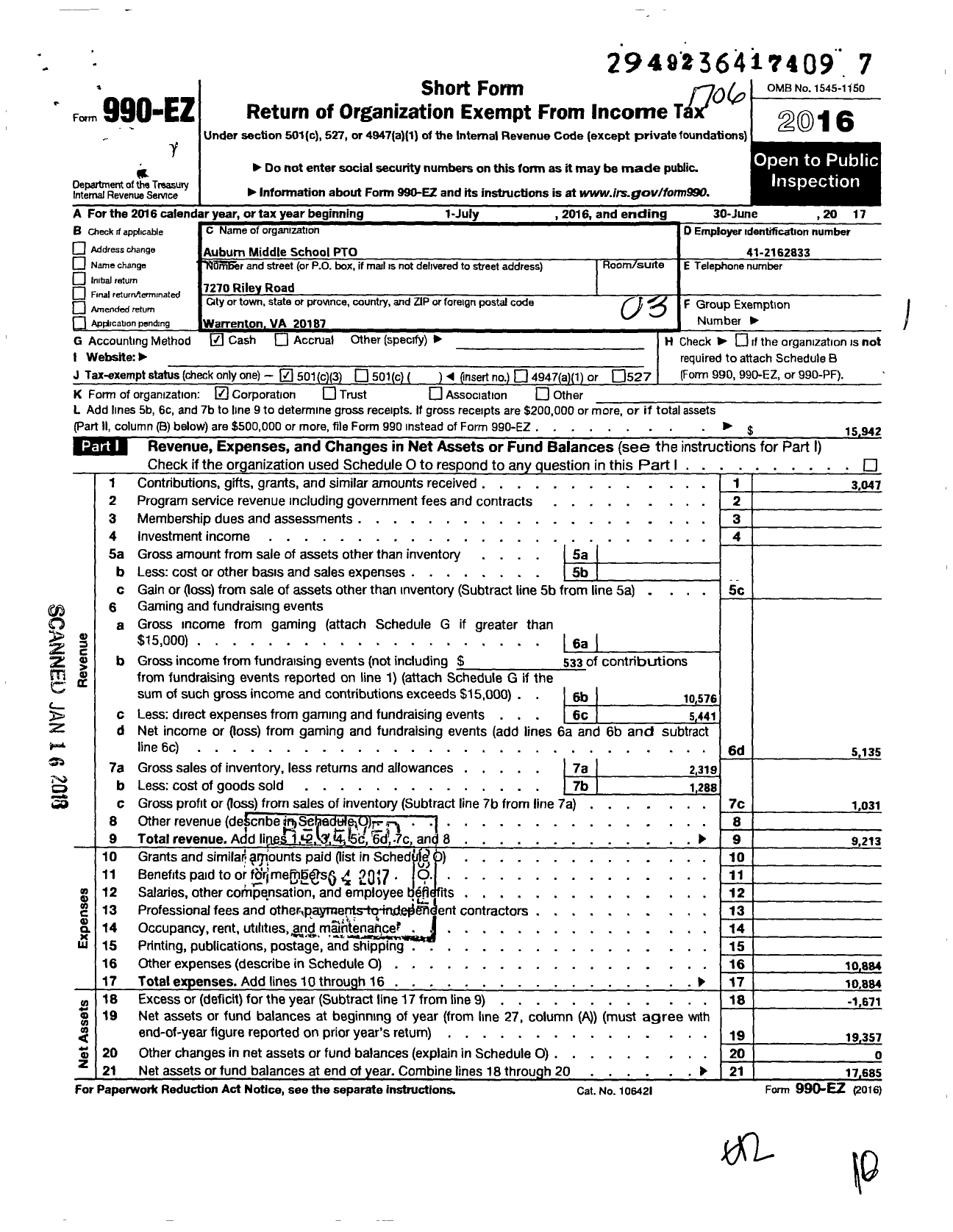 Image of first page of 2016 Form 990EZ for Auburn Middle School Pto