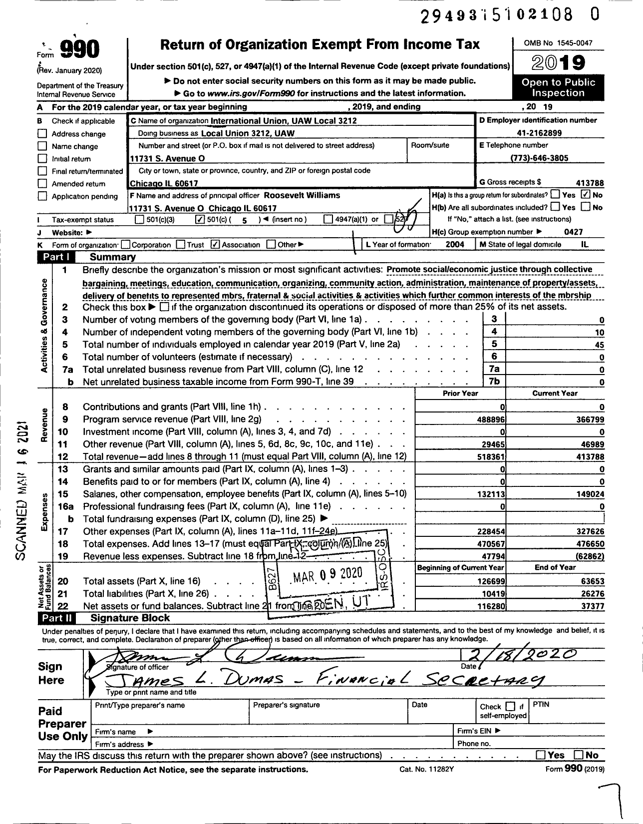 Image of first page of 2019 Form 990O for UAW - Local Union 3212 UAW