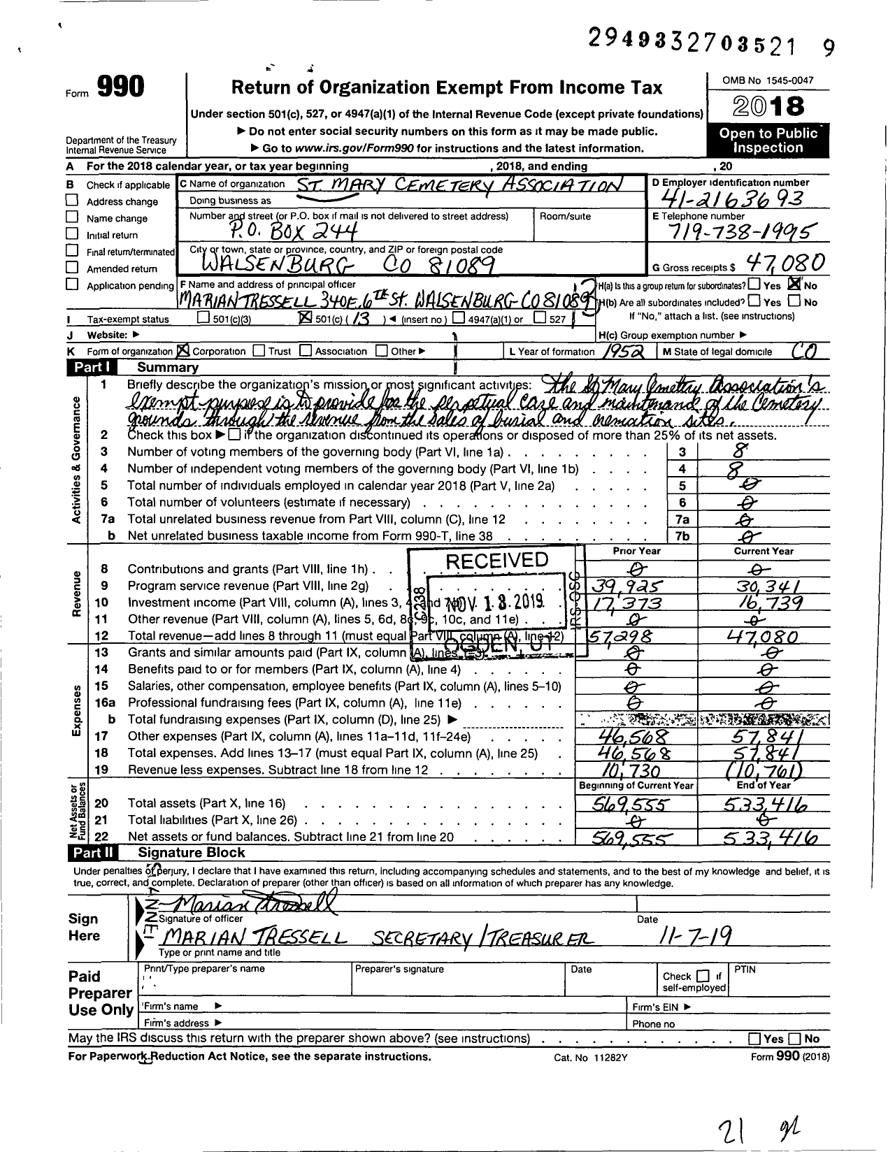 Image of first page of 2018 Form 990O for St Mary Cemetery Association