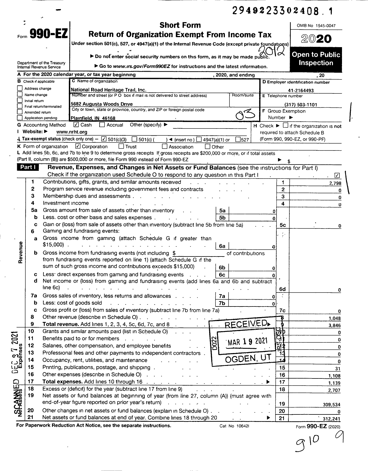 Image of first page of 2020 Form 990EZ for National Road Heritage Trail