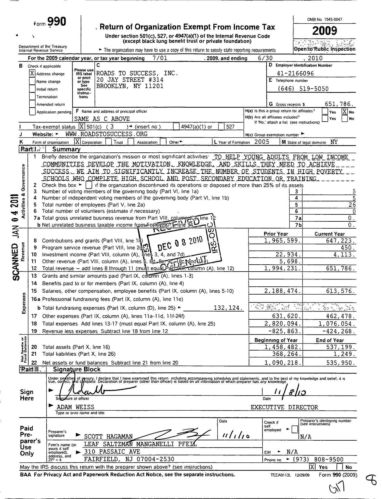 Image of first page of 2009 Form 990 for Roads To Success