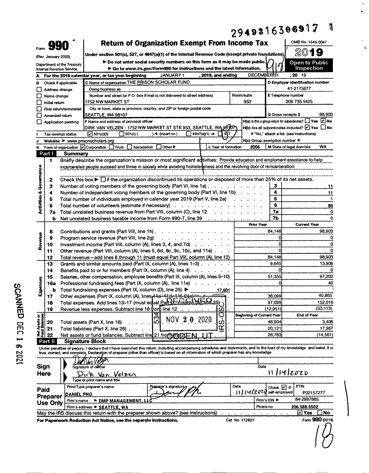 Image of first page of 2019 Form 990 for The Prison Scholar Fund
