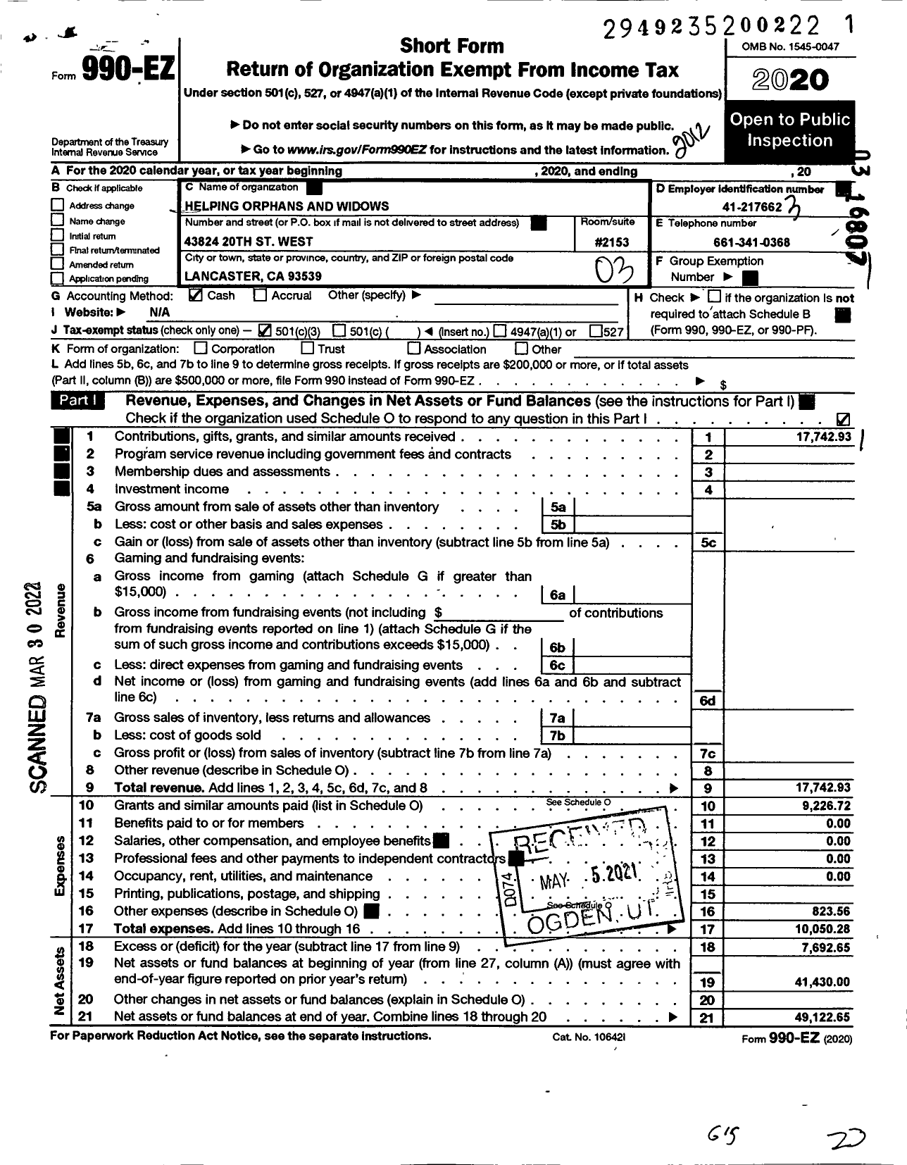 Image of first page of 2020 Form 990EZ for Helping Orphans and Widows