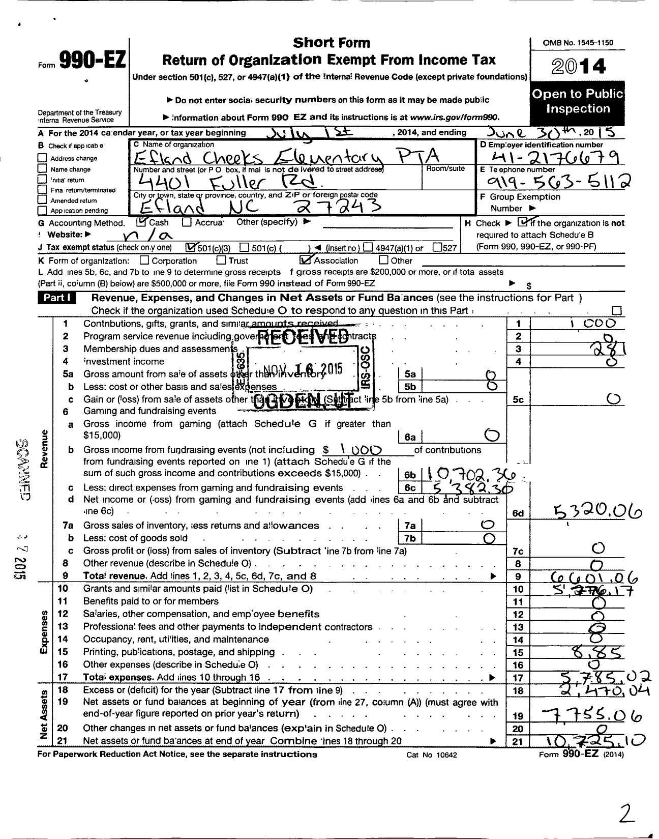 Image of first page of 2014 Form 990EZ for North Carolina PTA - Efland Cheeks Elem School