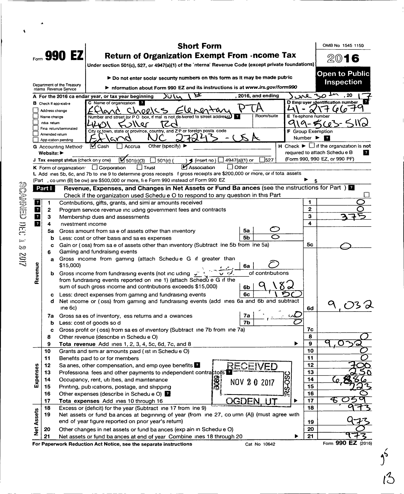 Image of first page of 2016 Form 990EZ for North Carolina PTA - Efland Cheeks Elem School