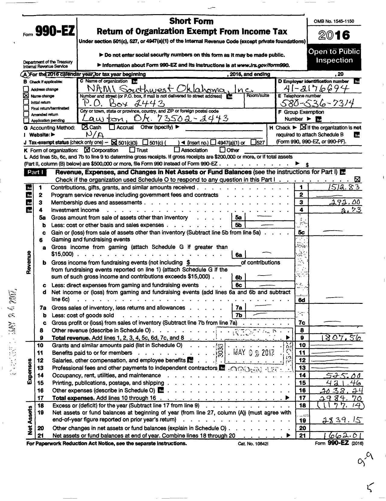 Image of first page of 2016 Form 990EZ for Nami Southwest Oklahoma