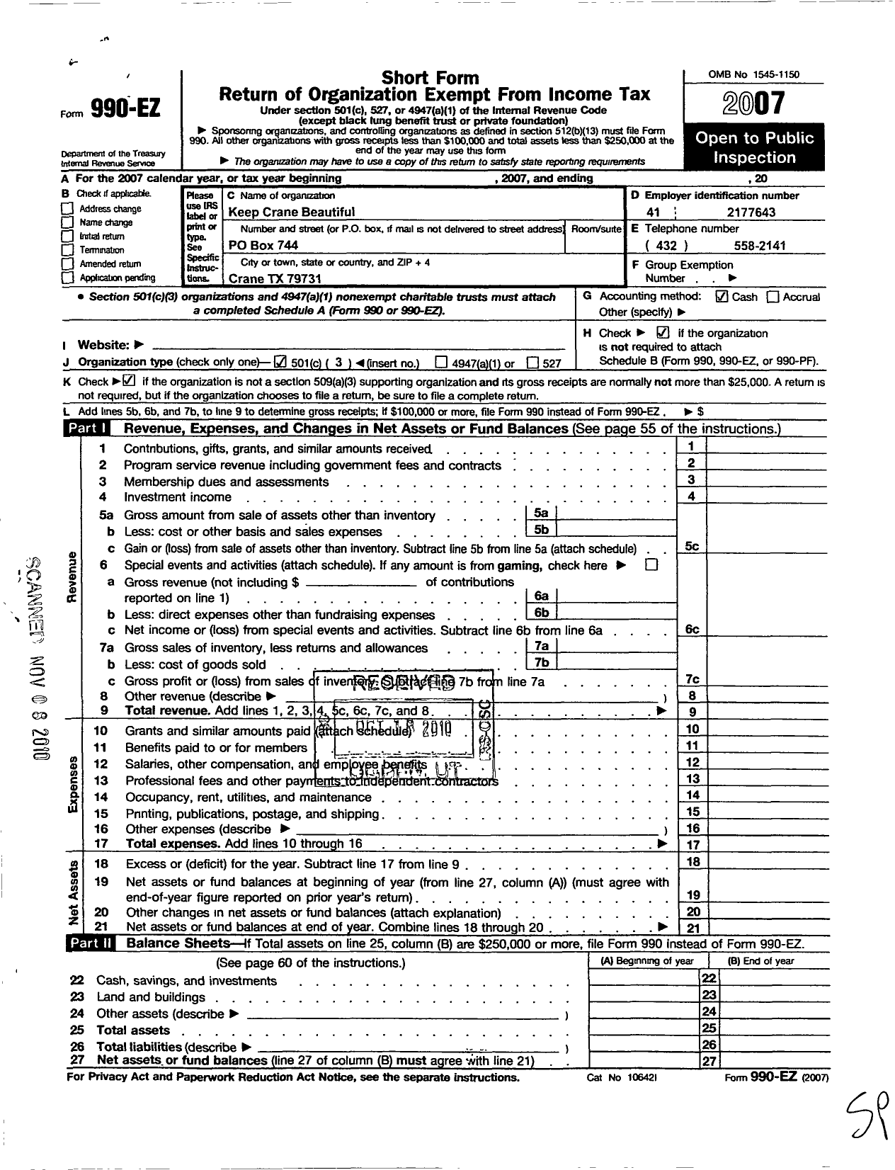 Image of first page of 2007 Form 990EZ for Keep Crane Beautiful