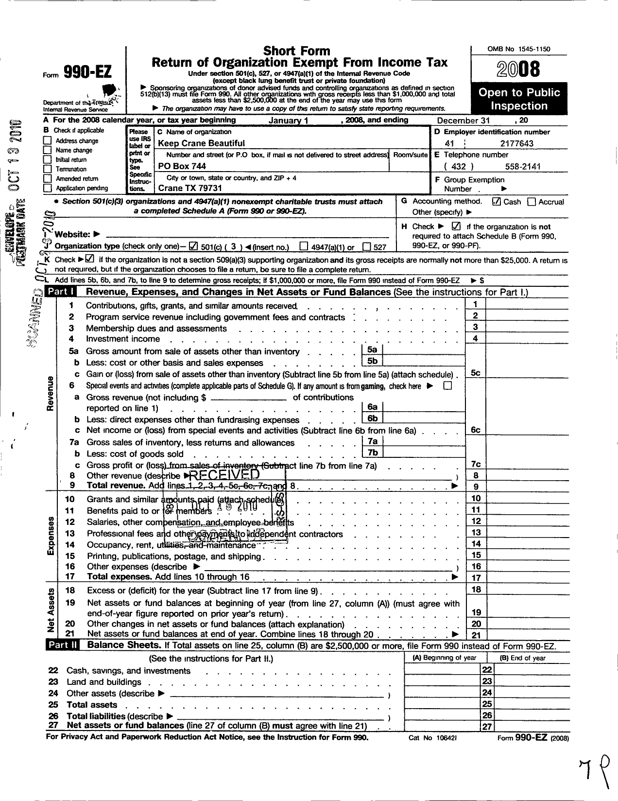 Image of first page of 2008 Form 990EZ for Keep Crane Beautiful