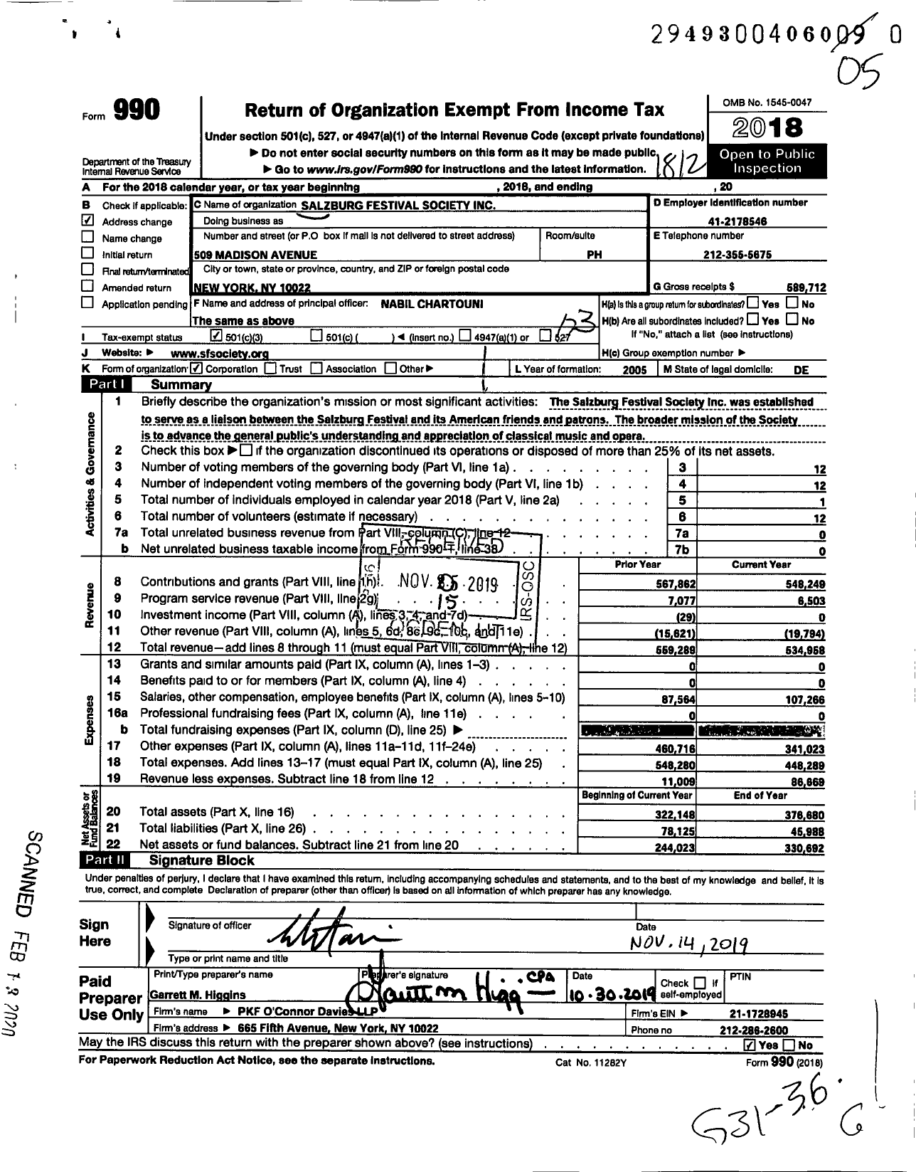 Image of first page of 2018 Form 990 for Salzburg Festival Society