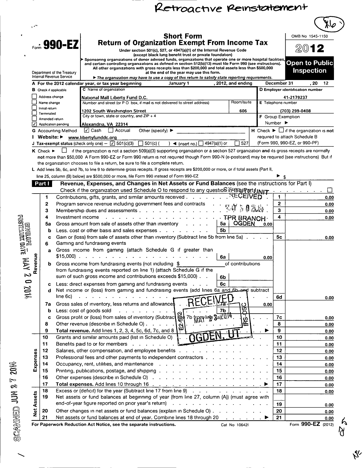 Image of first page of 2012 Form 990EZ for National Mall Liberty Fund DC