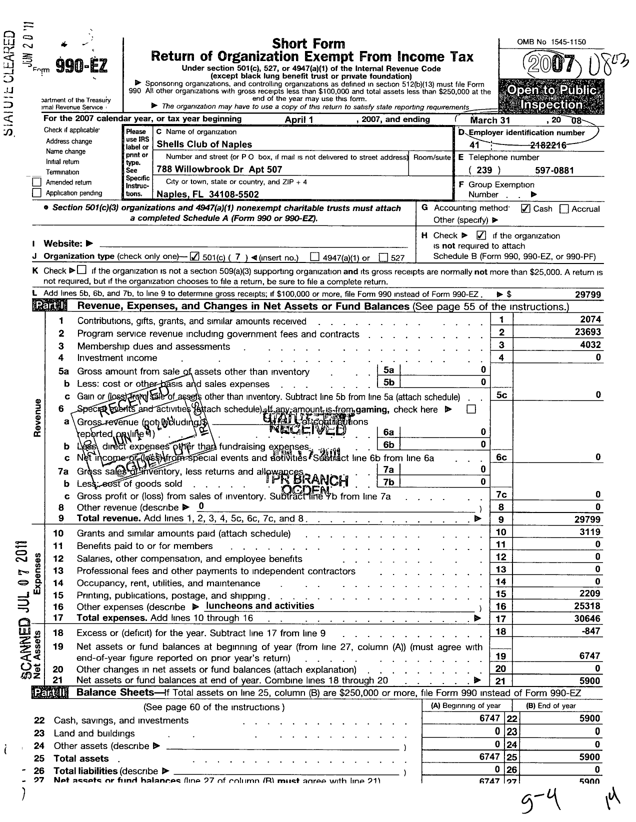 Image of first page of 2007 Form 990EO for Shells Club of Naples