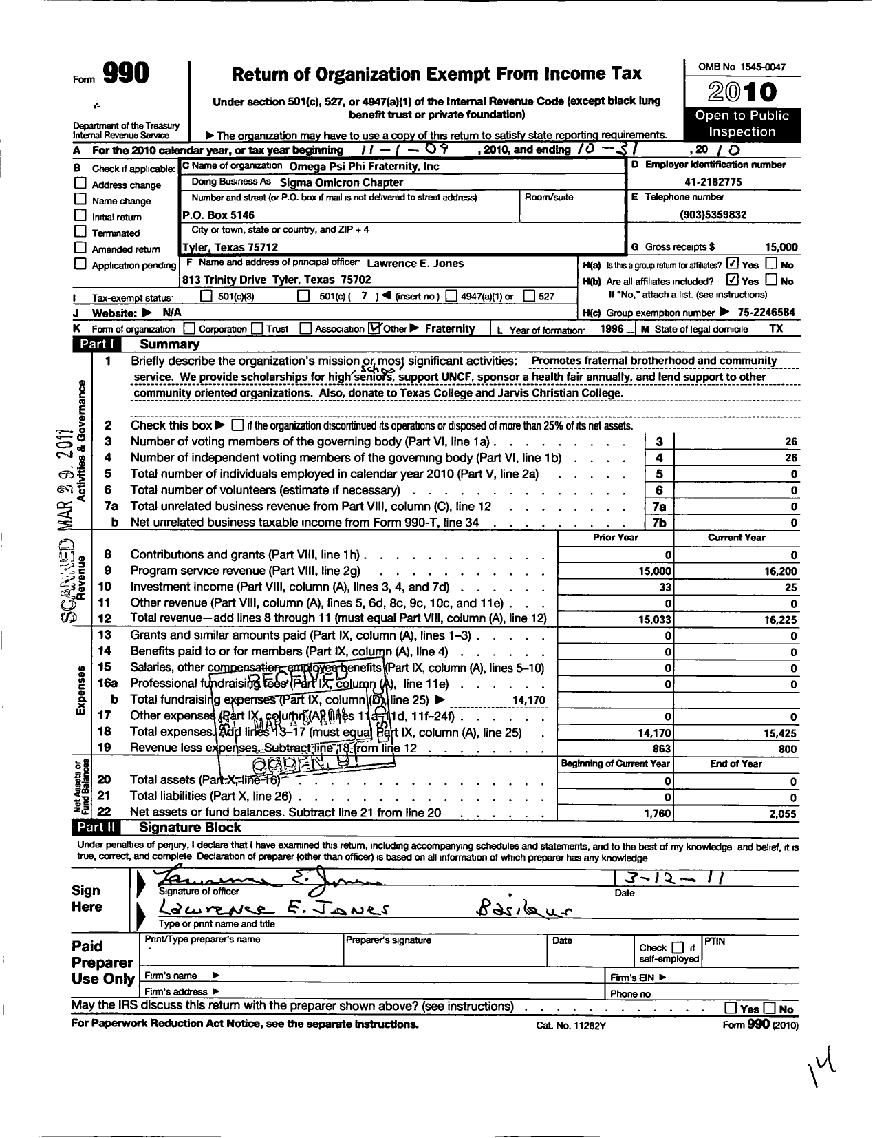 Image of first page of 2009 Form 990O for Omega Psi Phi Fraternity - 610 Sigma Omicron District 9