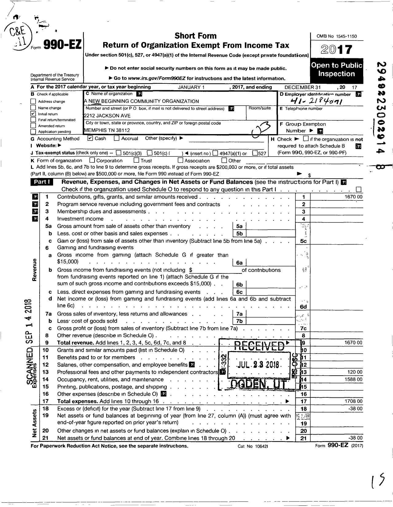 Image of first page of 2017 Form 990EZ for A New Beginning Community Organization