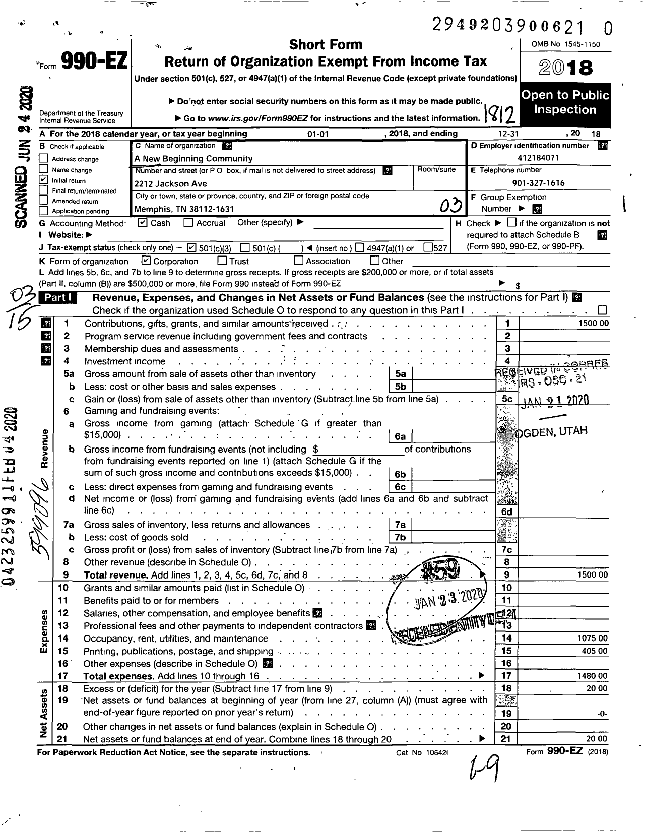 Image of first page of 2018 Form 990EZ for A New Beginning Community Organization