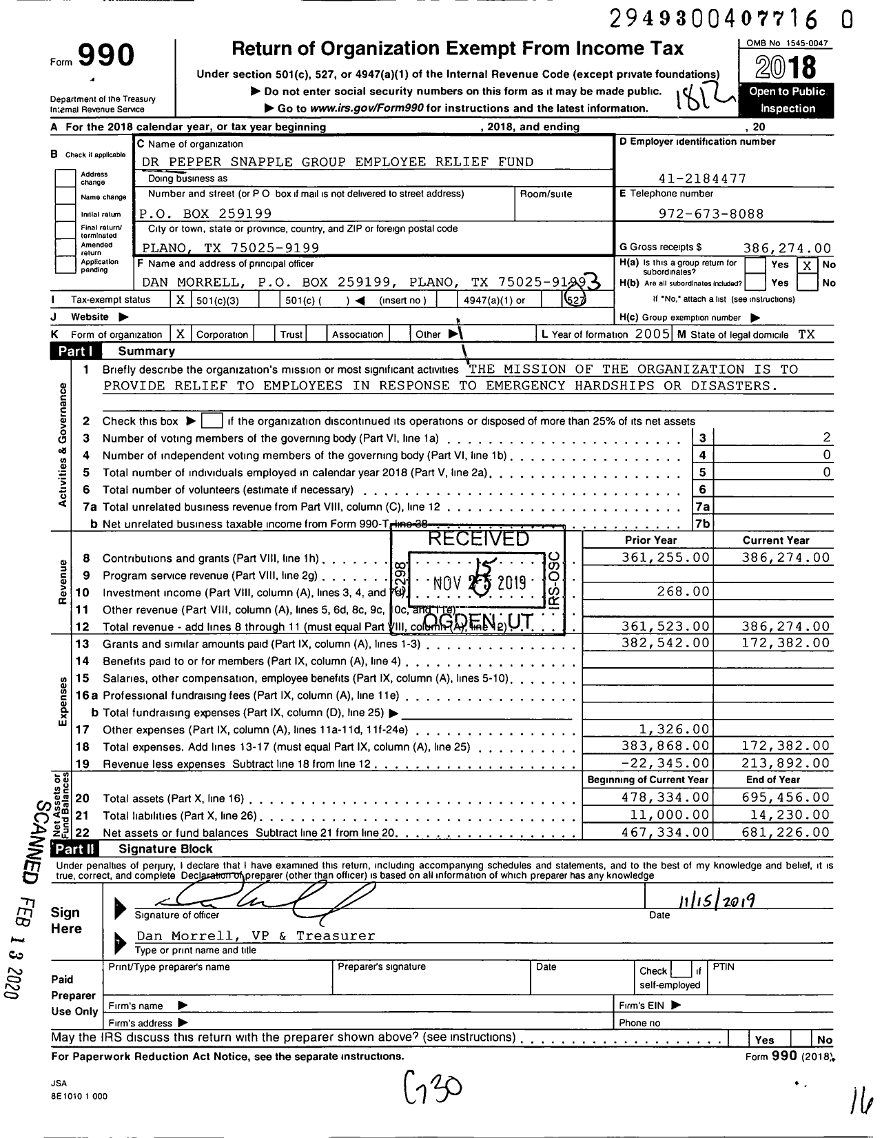 Image of first page of 2018 Form 990 for Keurig Dr Pepper Employee Relief Fund