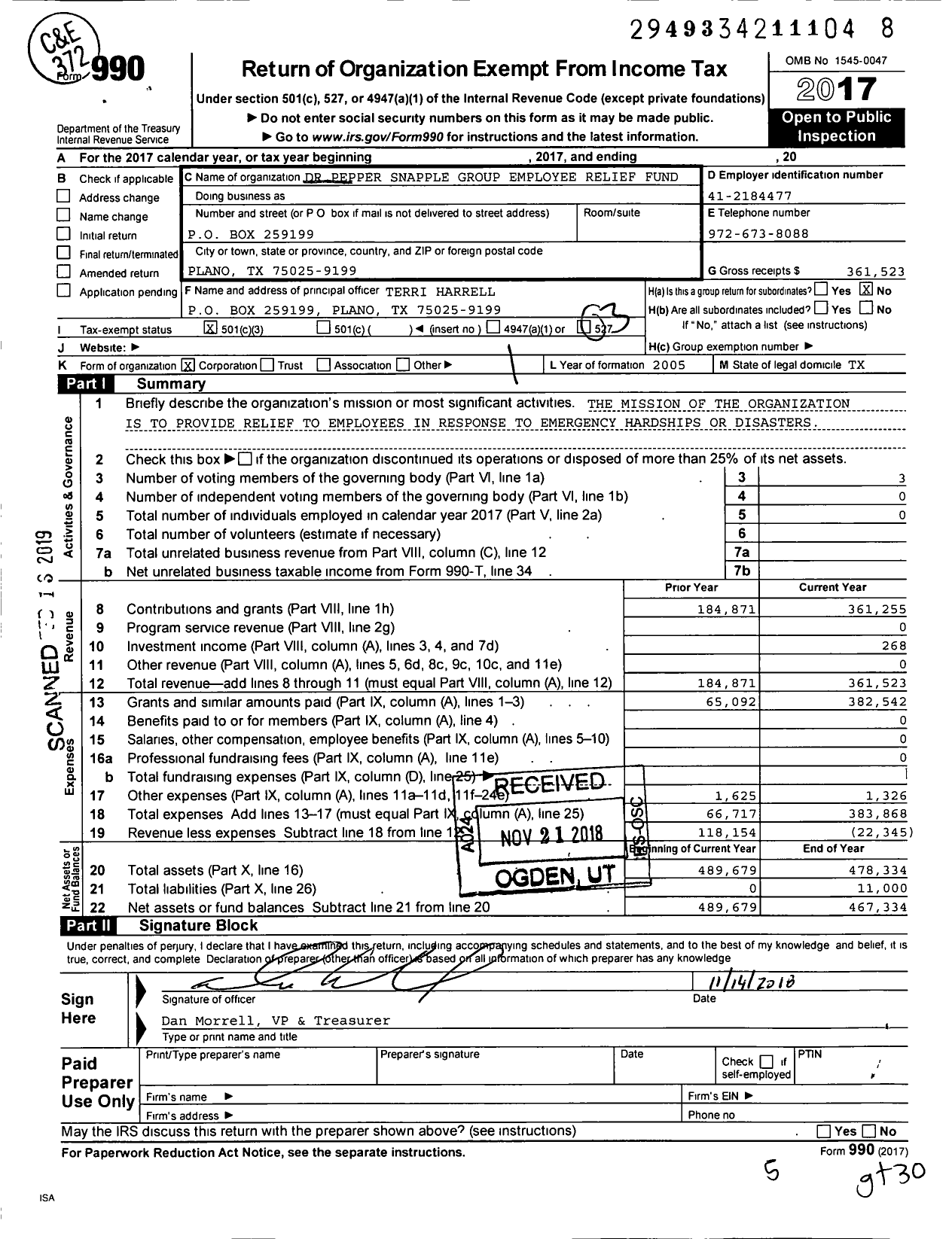 Image of first page of 2017 Form 990 for Keurig Dr Pepper Employee Relief Fund