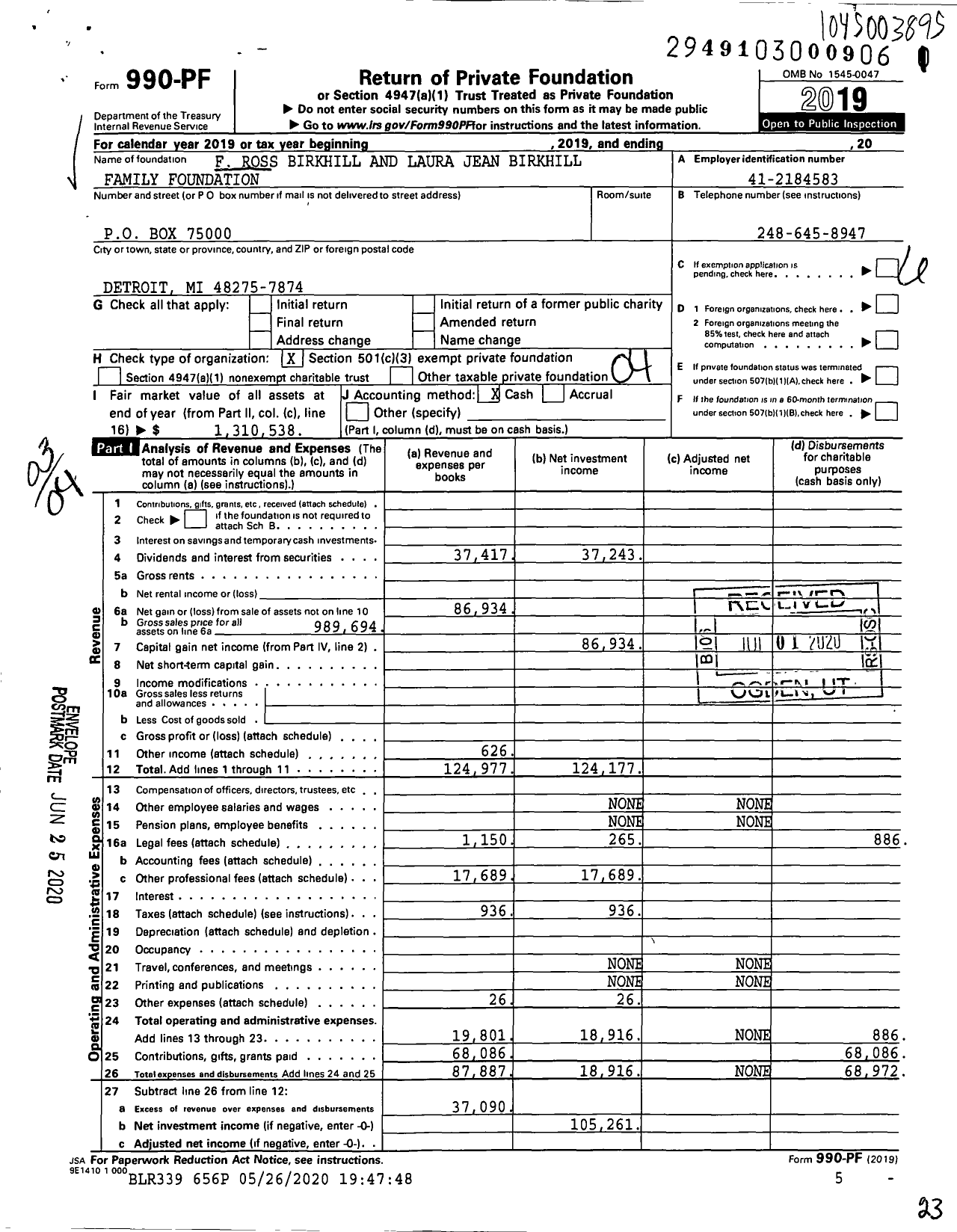 Image of first page of 2019 Form 990PF for F Ross Birkhill and Laura Jean Birkhill