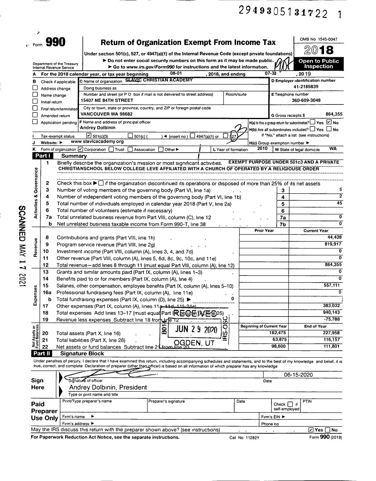 Image of first page of 2018 Form 990 for Slavic Christian Academy