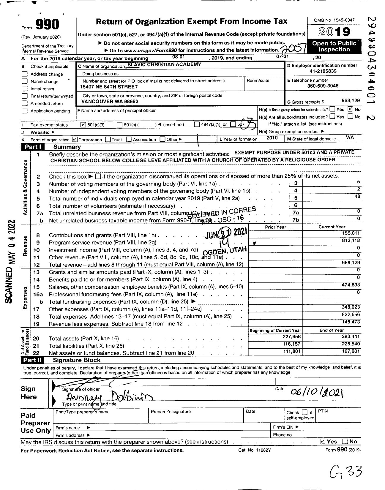Image of first page of 2019 Form 990 for Slavic Christian Academy