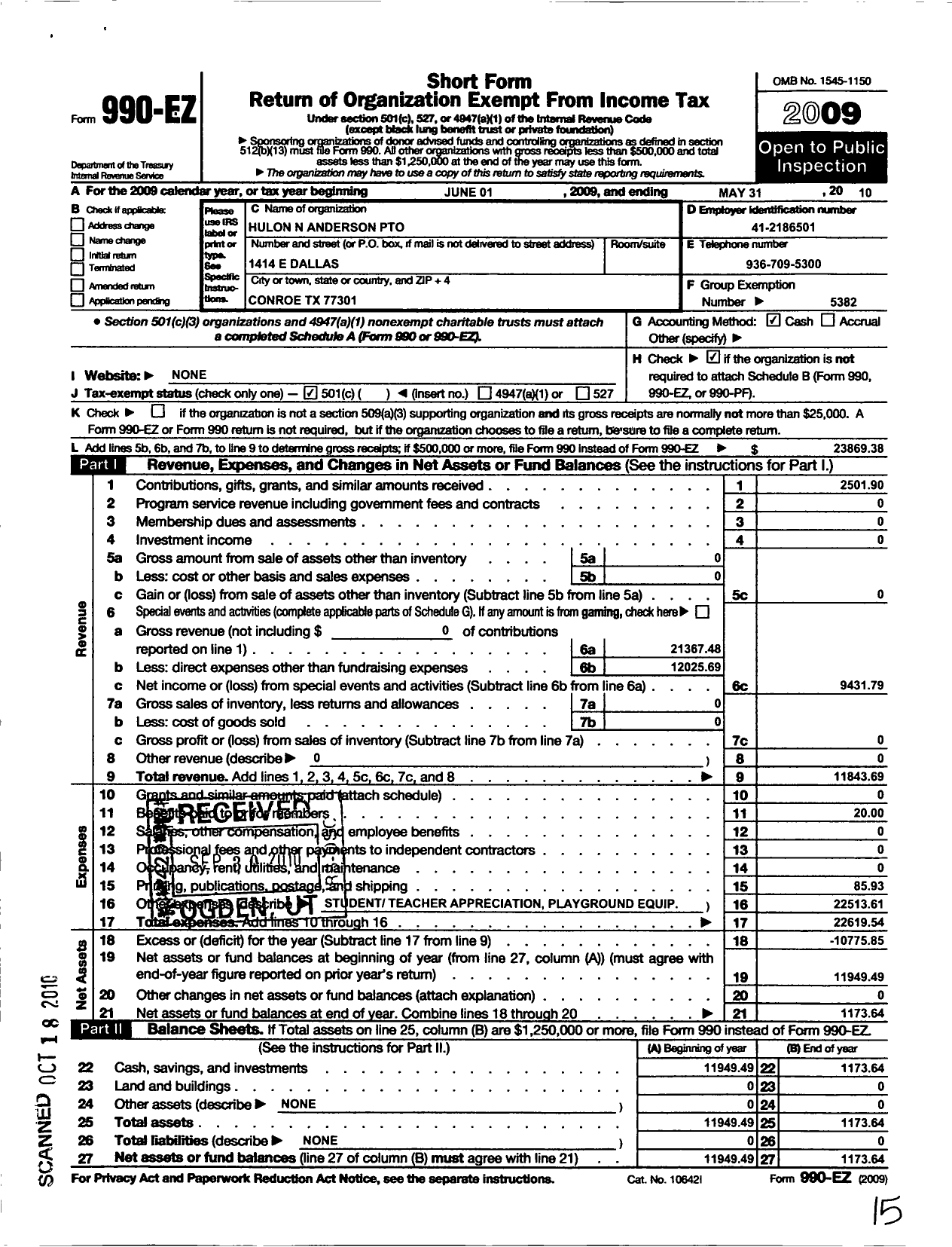 Image of first page of 2009 Form 990EO for Cisd Educational Support Groups / Hulon N Anderson Pto