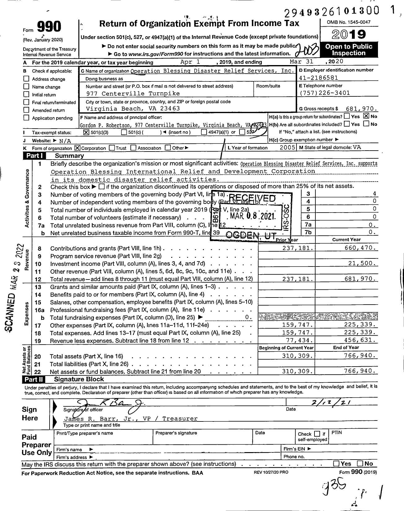 Image of first page of 2019 Form 990 for Operation Blessing Disaster Relief Services