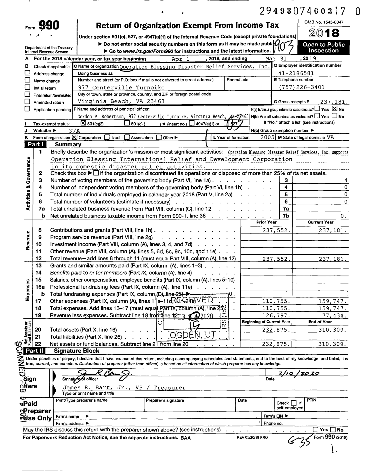 Image of first page of 2018 Form 990 for Operation Blessing Disaster Relief Services