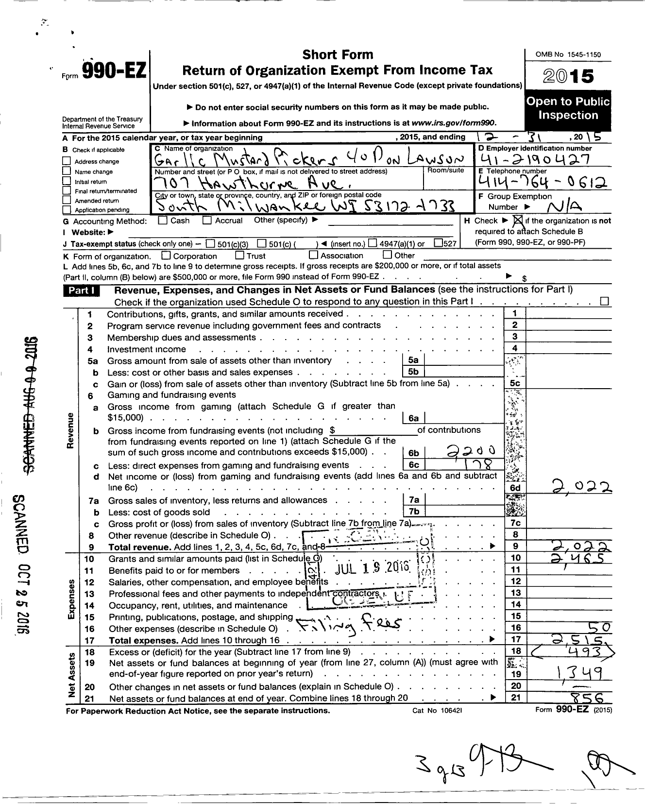 Image of first page of 2015 Form 990EO for Garlic Mustard Pickers