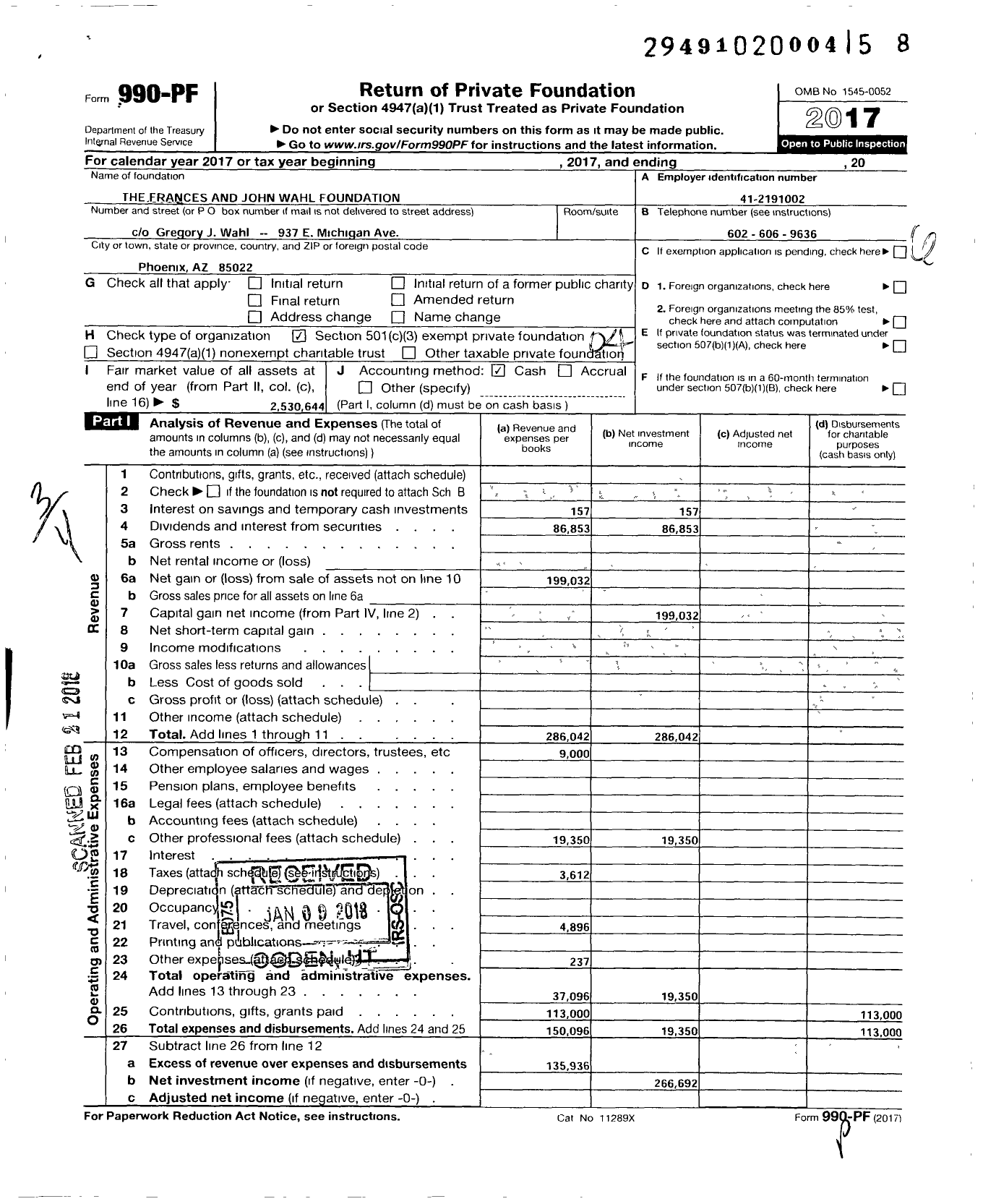 Image of first page of 2017 Form 990PF for The Frances and John Wahl Foundation