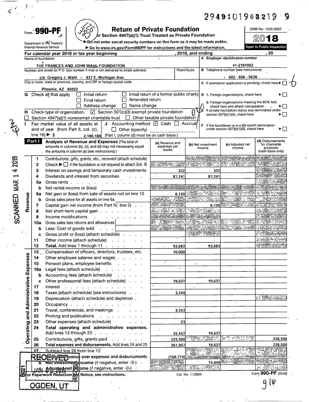 Image of first page of 2018 Form 990PF for The Frances and John Wahl Foundation