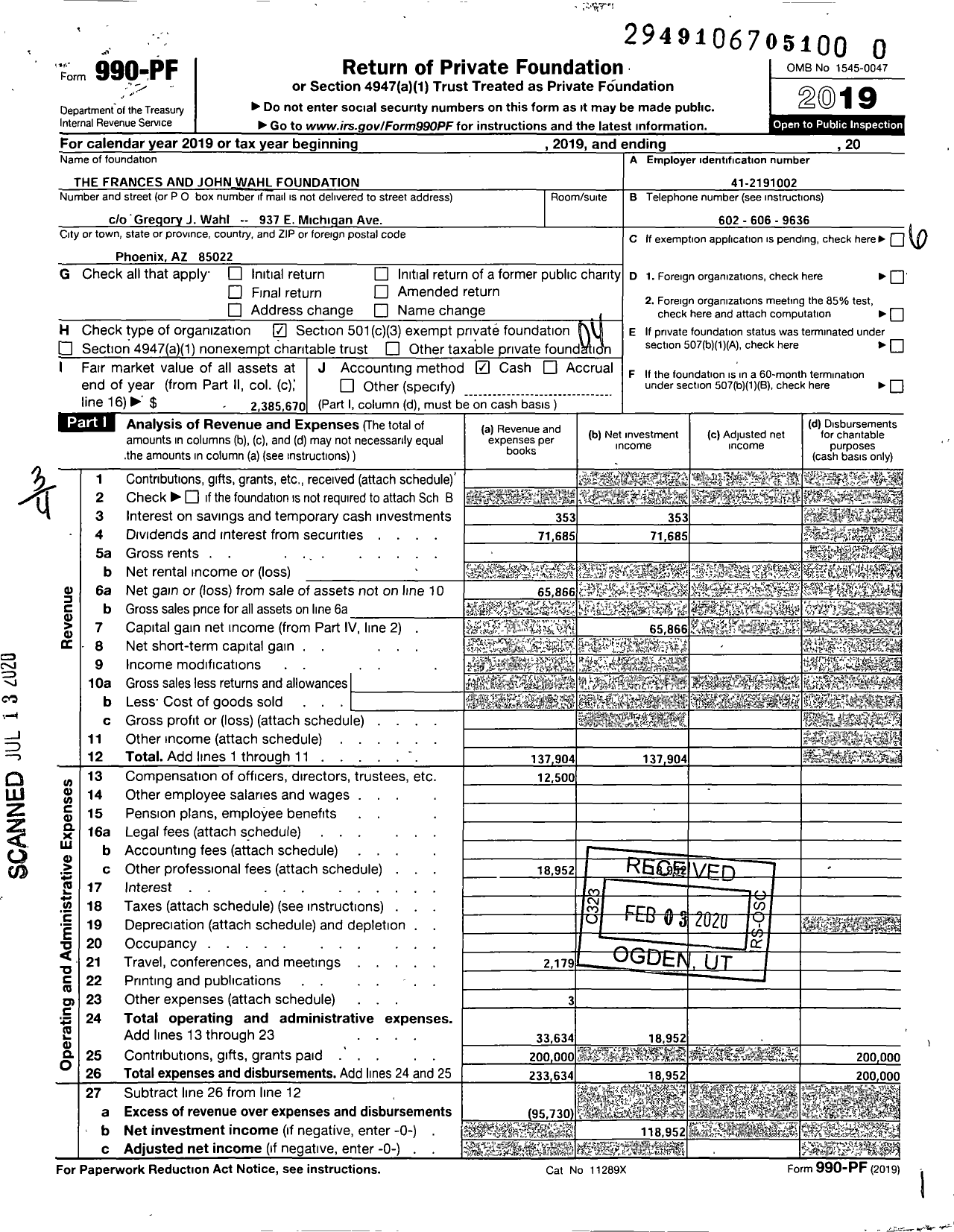 Image of first page of 2019 Form 990PR for The Frances and John Wahl Foundation