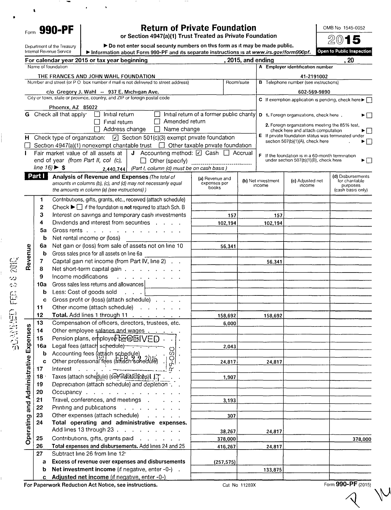 Image of first page of 2015 Form 990PF for The Frances and John Wahl Foundation