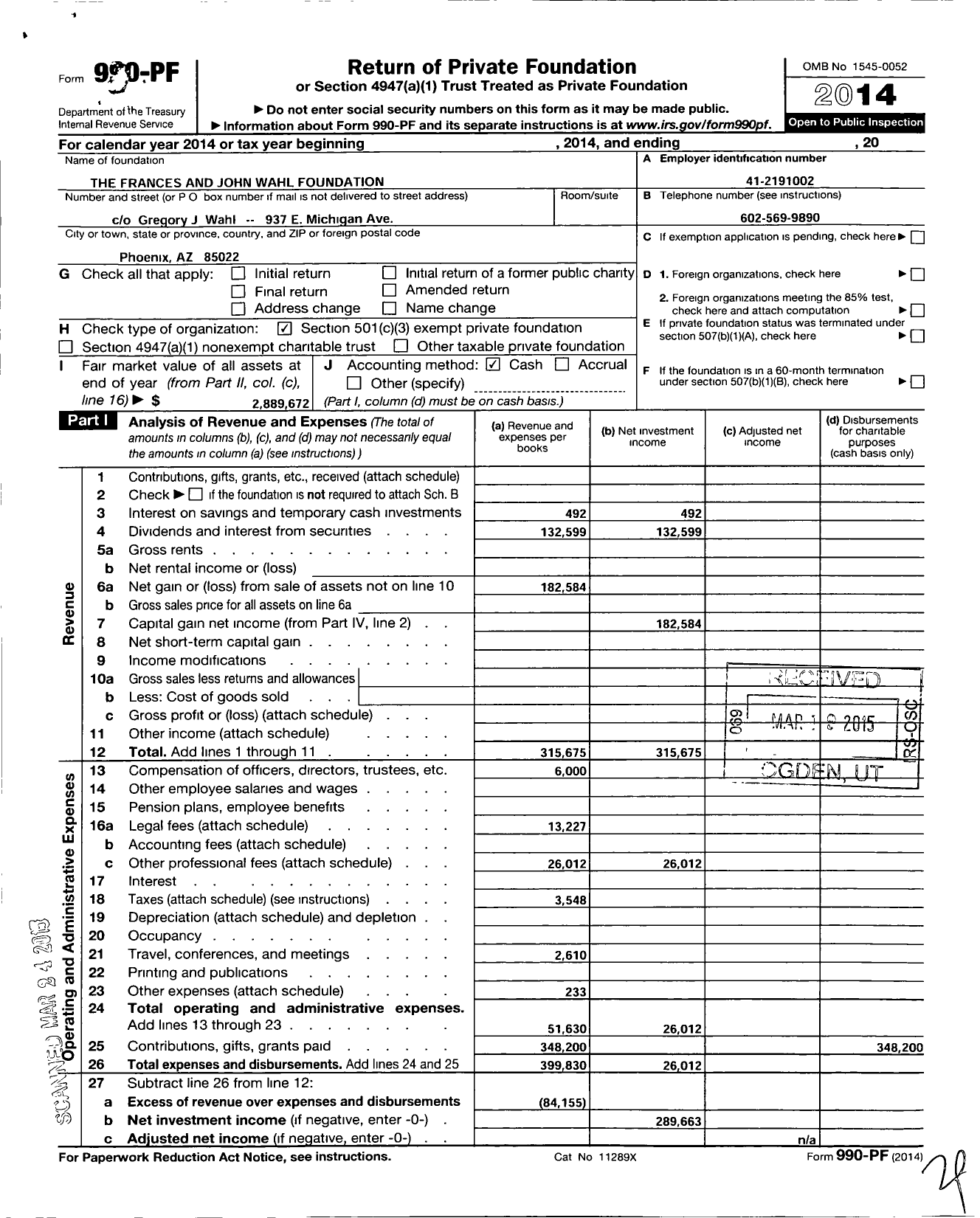 Image of first page of 2014 Form 990PF for The Frances and John Wahl Foundation