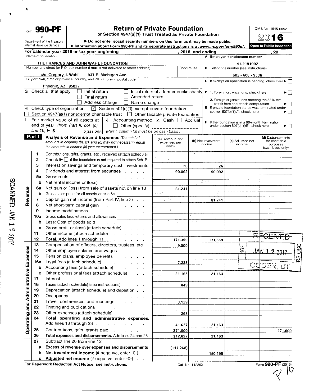 Image of first page of 2016 Form 990PF for The Frances and John Wahl Foundation