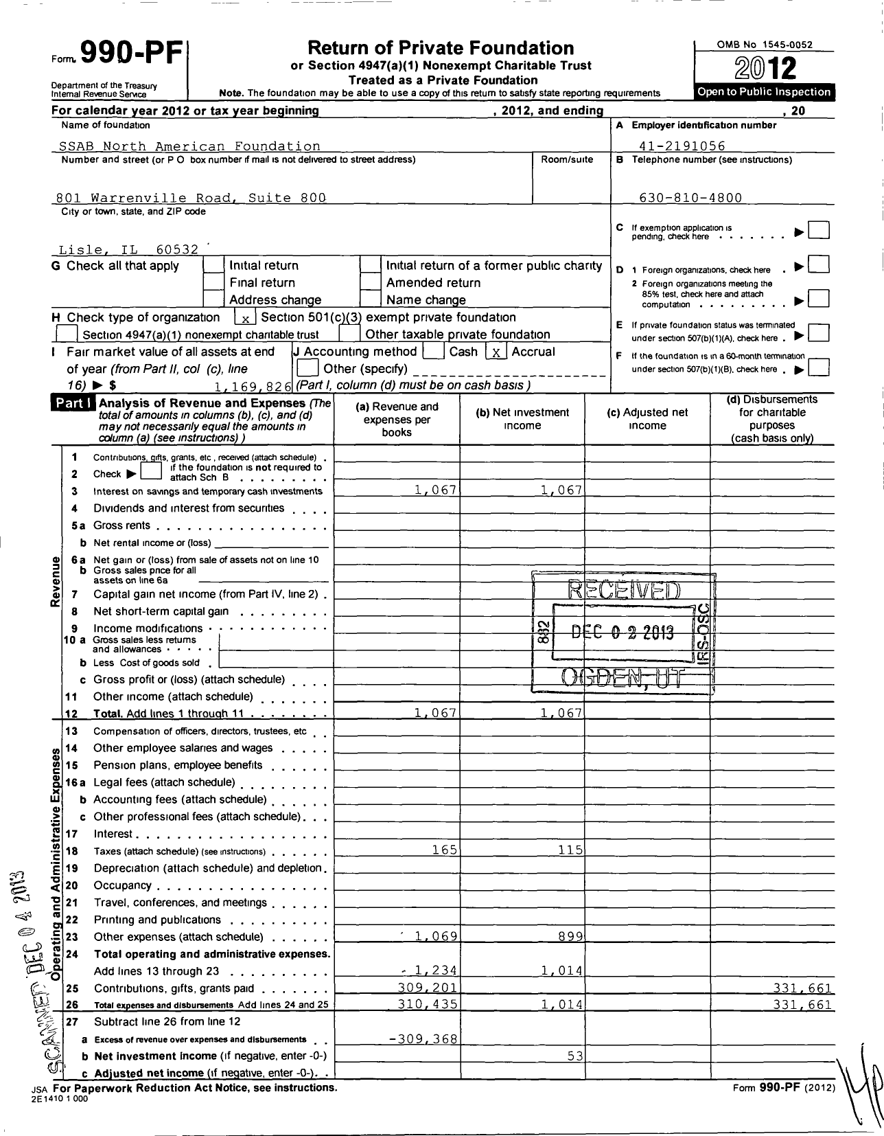 Image of first page of 2012 Form 990PF for Ssab North American Foundation