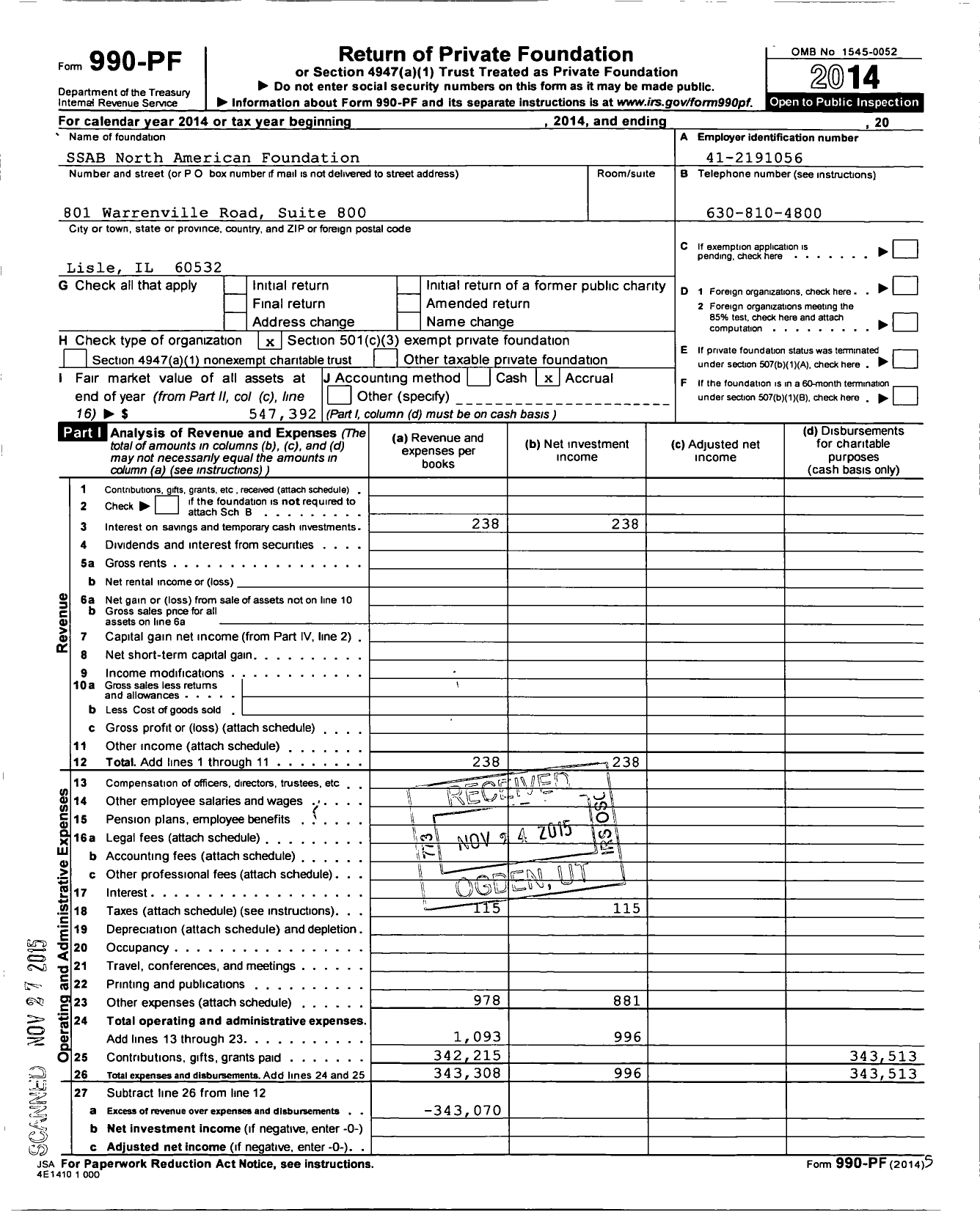 Image of first page of 2014 Form 990PF for Ssab North American Foundation