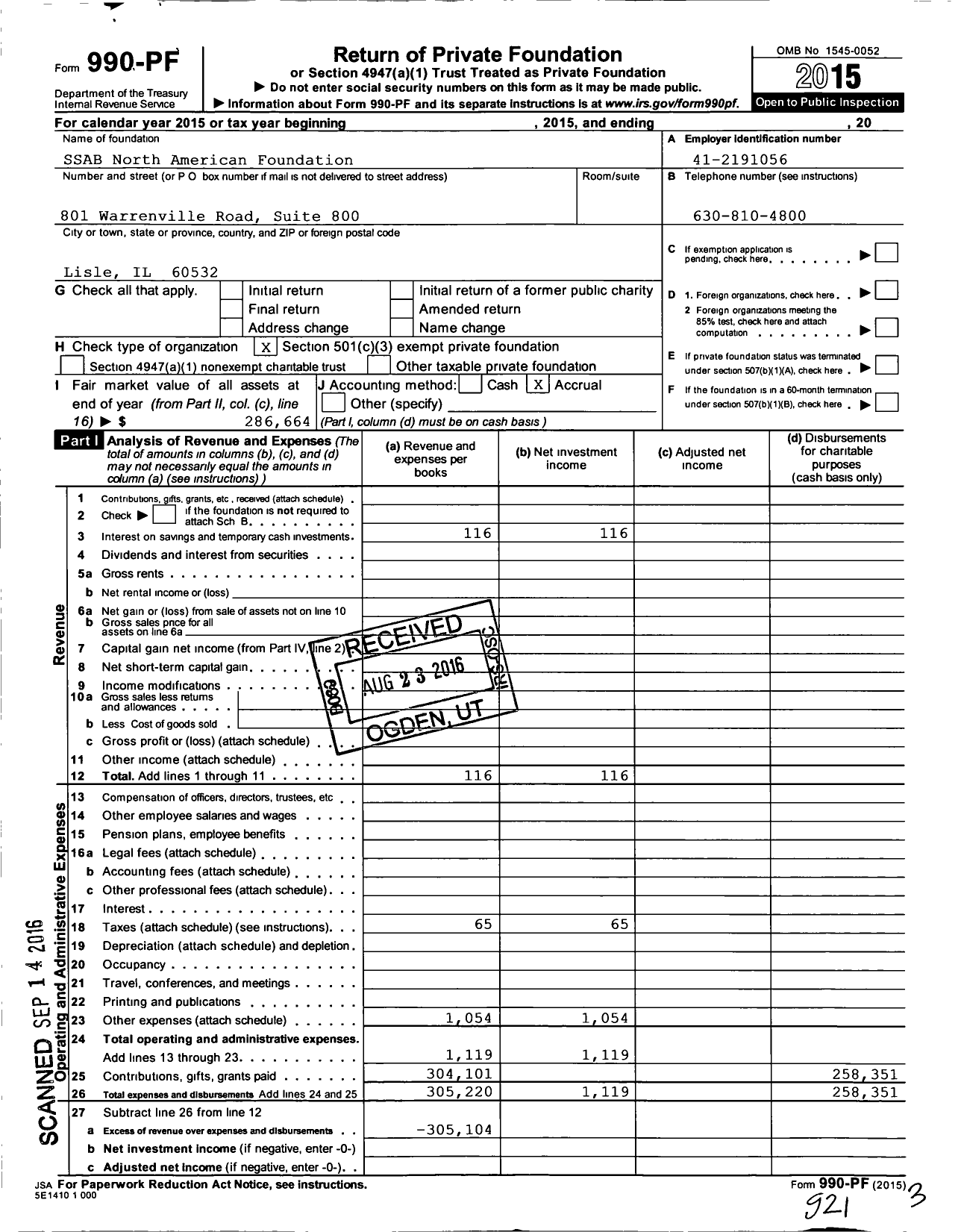 Image of first page of 2015 Form 990PF for Ssab North American Foundation