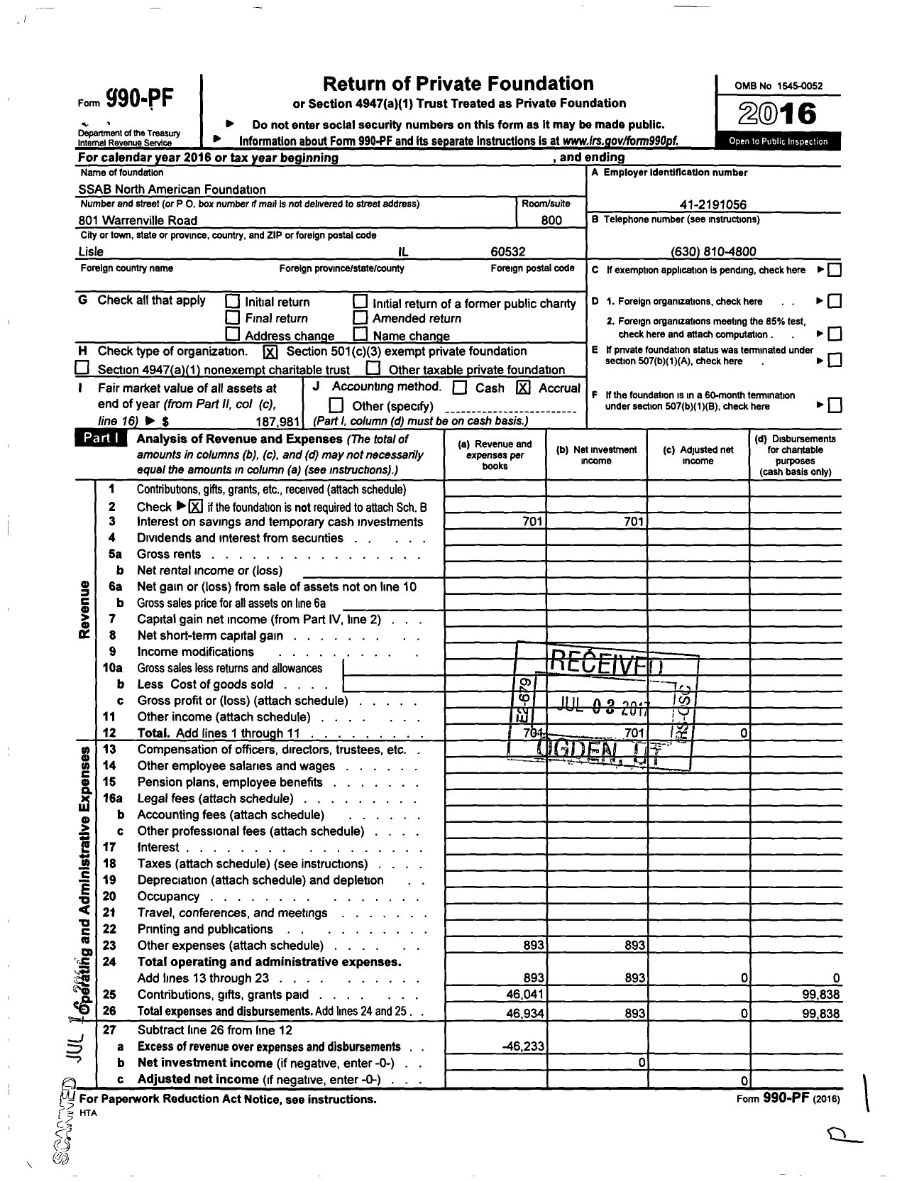 Image of first page of 2016 Form 990PF for Ssab North American Foundation
