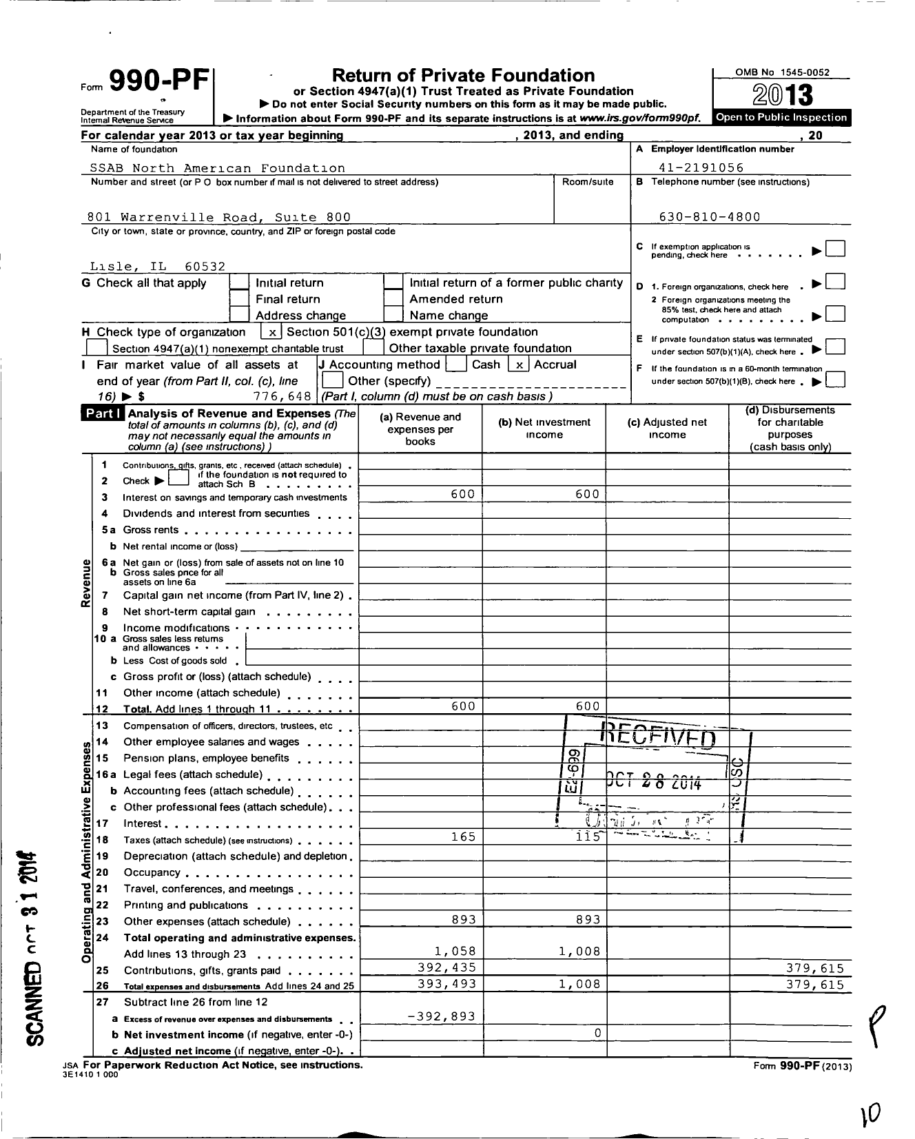 Image of first page of 2013 Form 990PF for Ssab North American Foundation