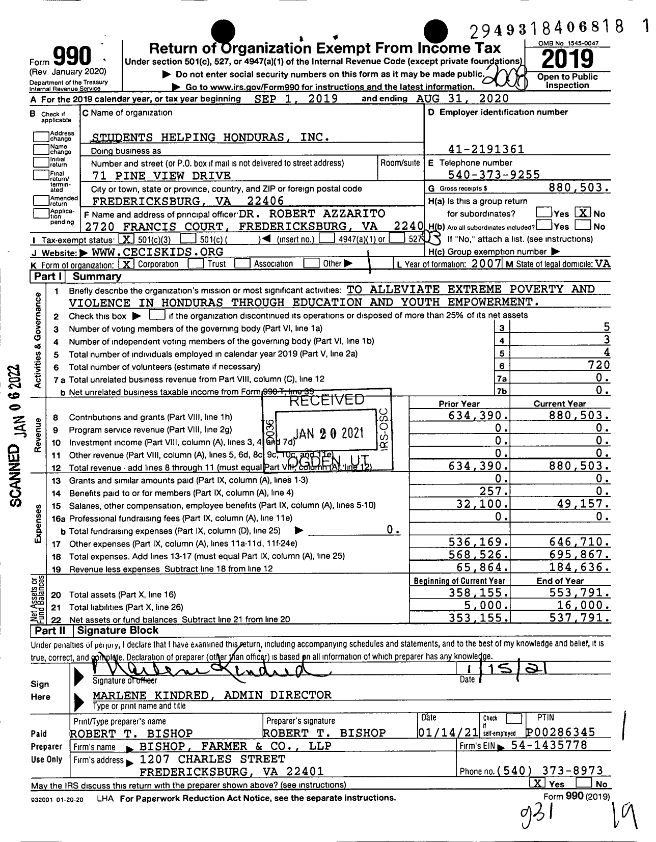 Image of first page of 2019 Form 990 for Students Helping Honduras