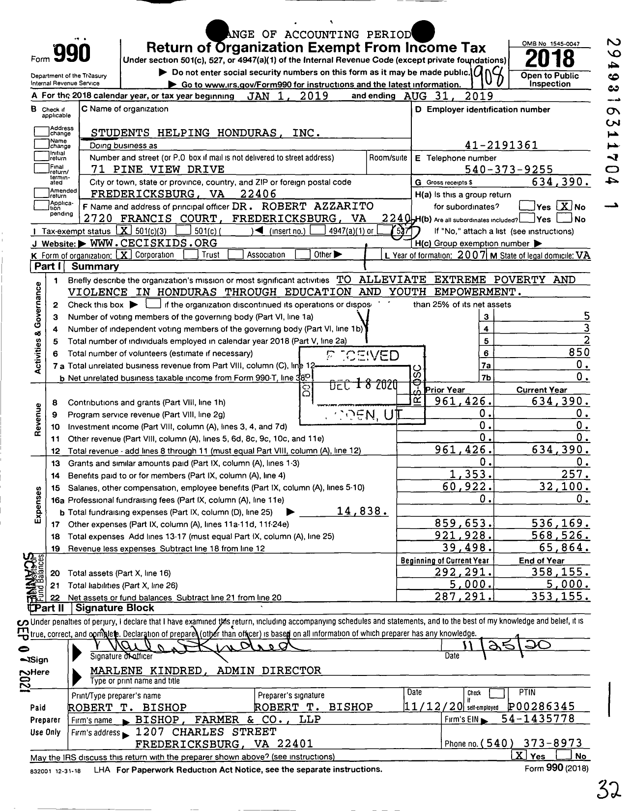 Image of first page of 2018 Form 990 for Students Helping Honduras