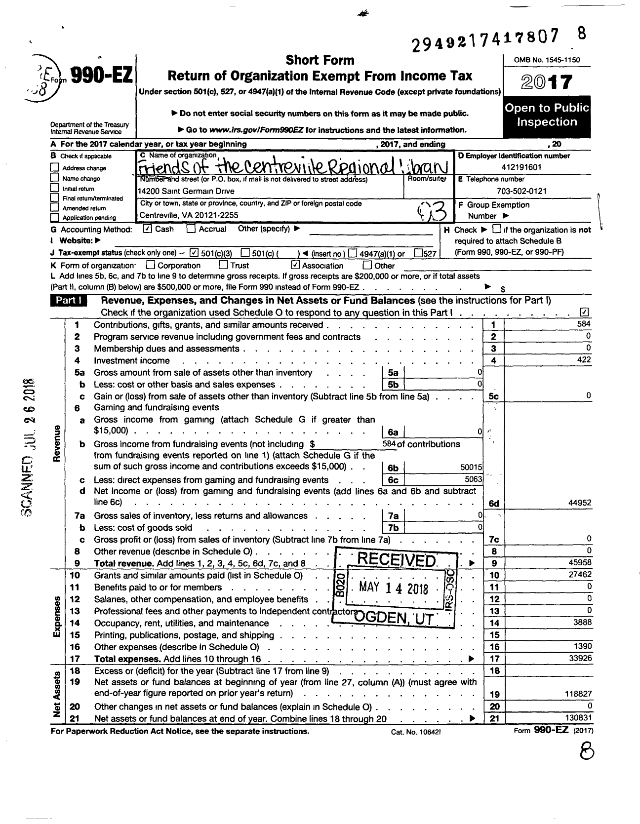 Image of first page of 2017 Form 990EZ for Friends of the Centreville Regional Library